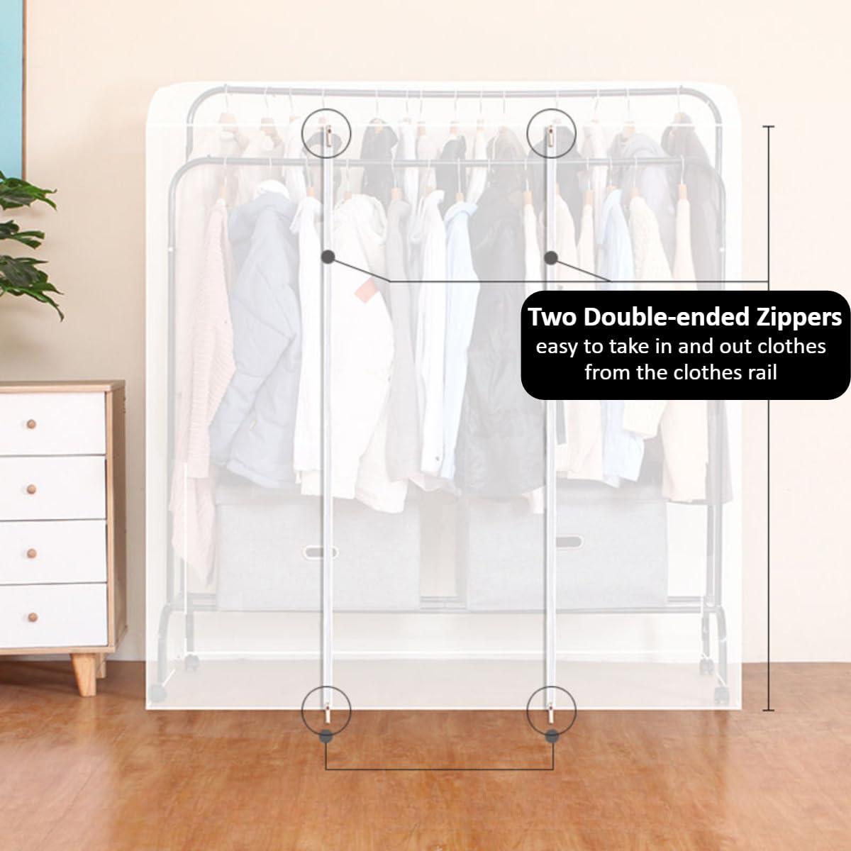 Haklein Double Hanging Rods Clothes Rail Widen Dust Cover, 75cm/29.5inch Extra Wide Garment Rack Cover with Zipper for Bedroom Shop Office, 5ft Hanging Clothes Rack Protector Cover (80X150X75cm,Transparent)