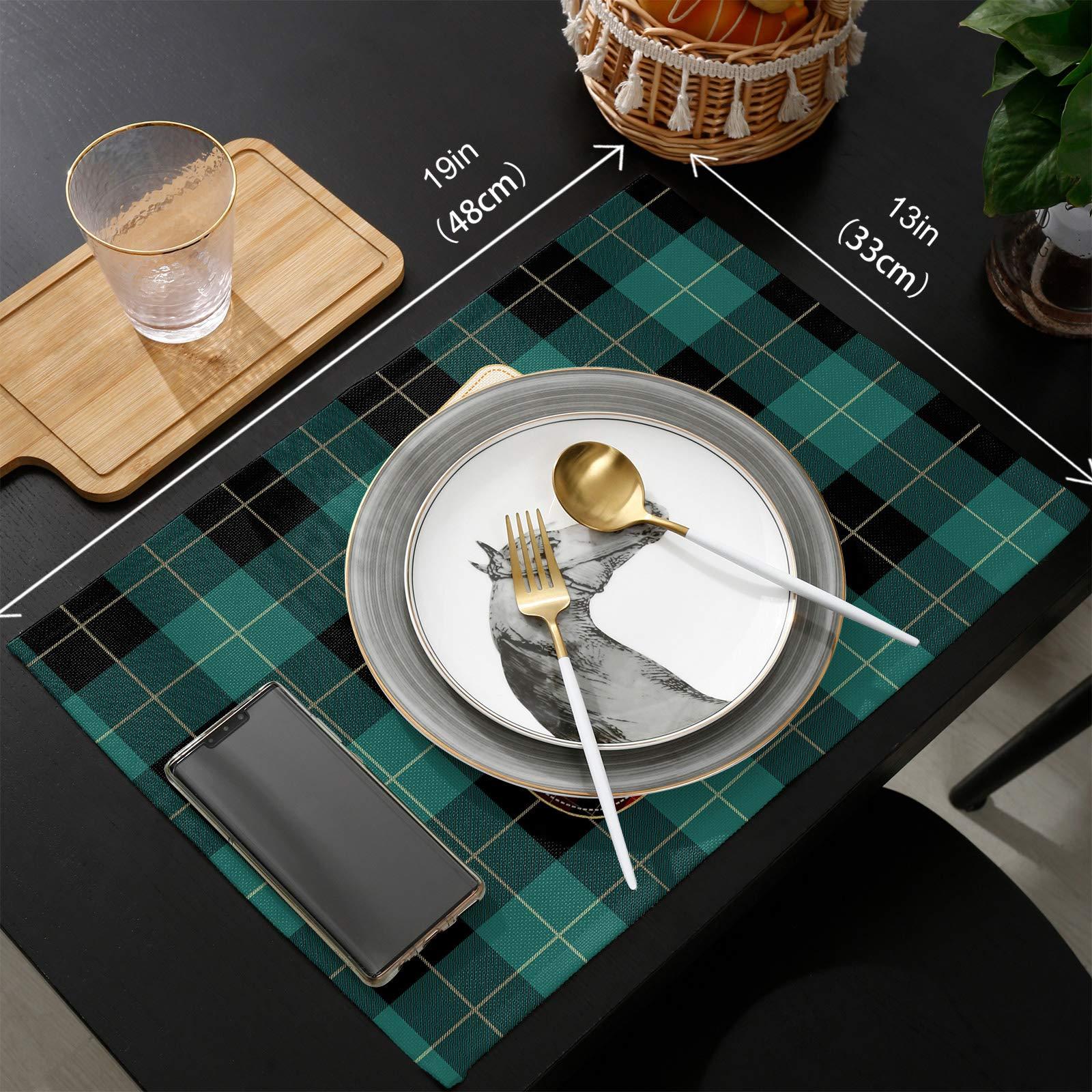 QueenKer Christmas Table Runner Placemats Set of 6 Xmas Reindeer Green Red Black Buffalo Plaid 90 Inches Long Table Place Mats for Holiday Kitchen Dining Wedding Farmhouse Party Home Decoration