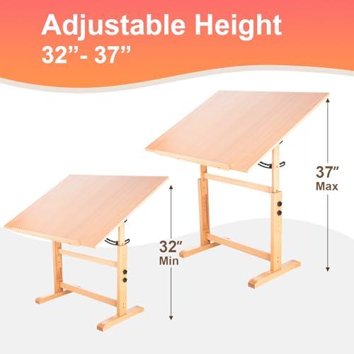 Falling in Art Falling in Art Wooden Drafting Table and Stool Set, 30\" x 42\" Adjustable Height and Angle Solid Wood Drawing Desk for Adults, Artist Craft Table for Painting Artwork, Reading, and Writing
