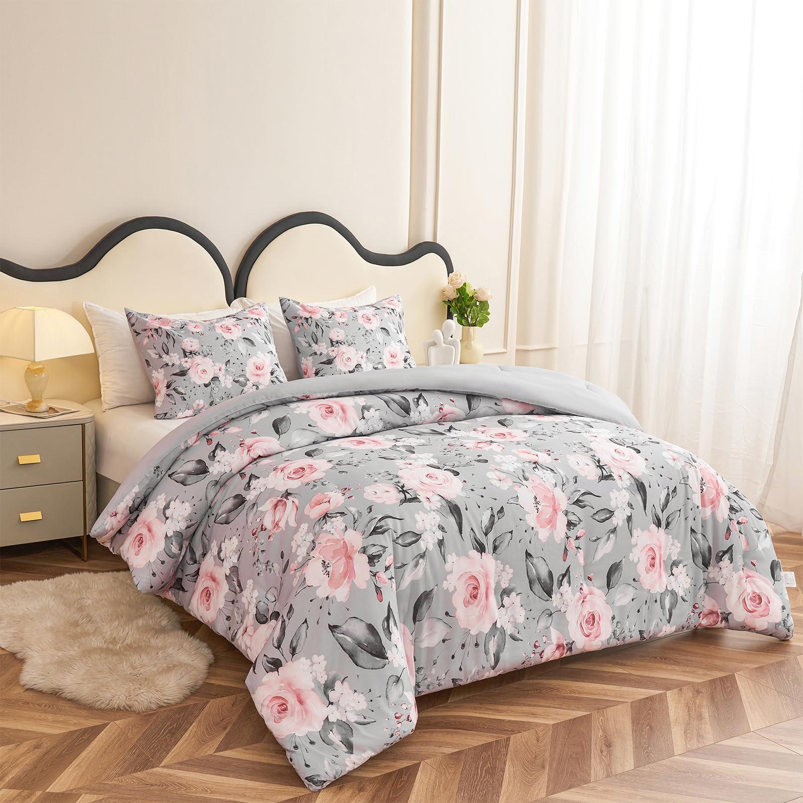 Koniroom Koniroom 3 Pieces Pink and Grey Comforter Set Queen Size, Floral Bedding Sets with Pink Flowers and Leaves Pattern for Women Teen Girls, Reversible All Season Comforter with 2 Pillow Shams
