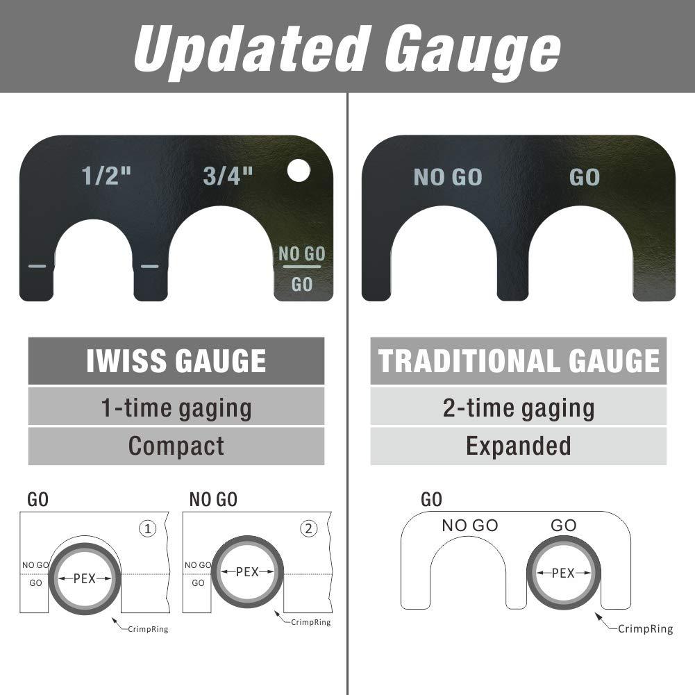 IWISS iCrimp Angle PEX Crimping Tool for 1/2-inch & 3/4-inch PEX Copper Crimp Rings and Barbed PEX Fitting, c/w PEX Tubing Cutter & Go/No-Go Gauge, Meets ASTM F1807 Standard PEX PlumbingTool