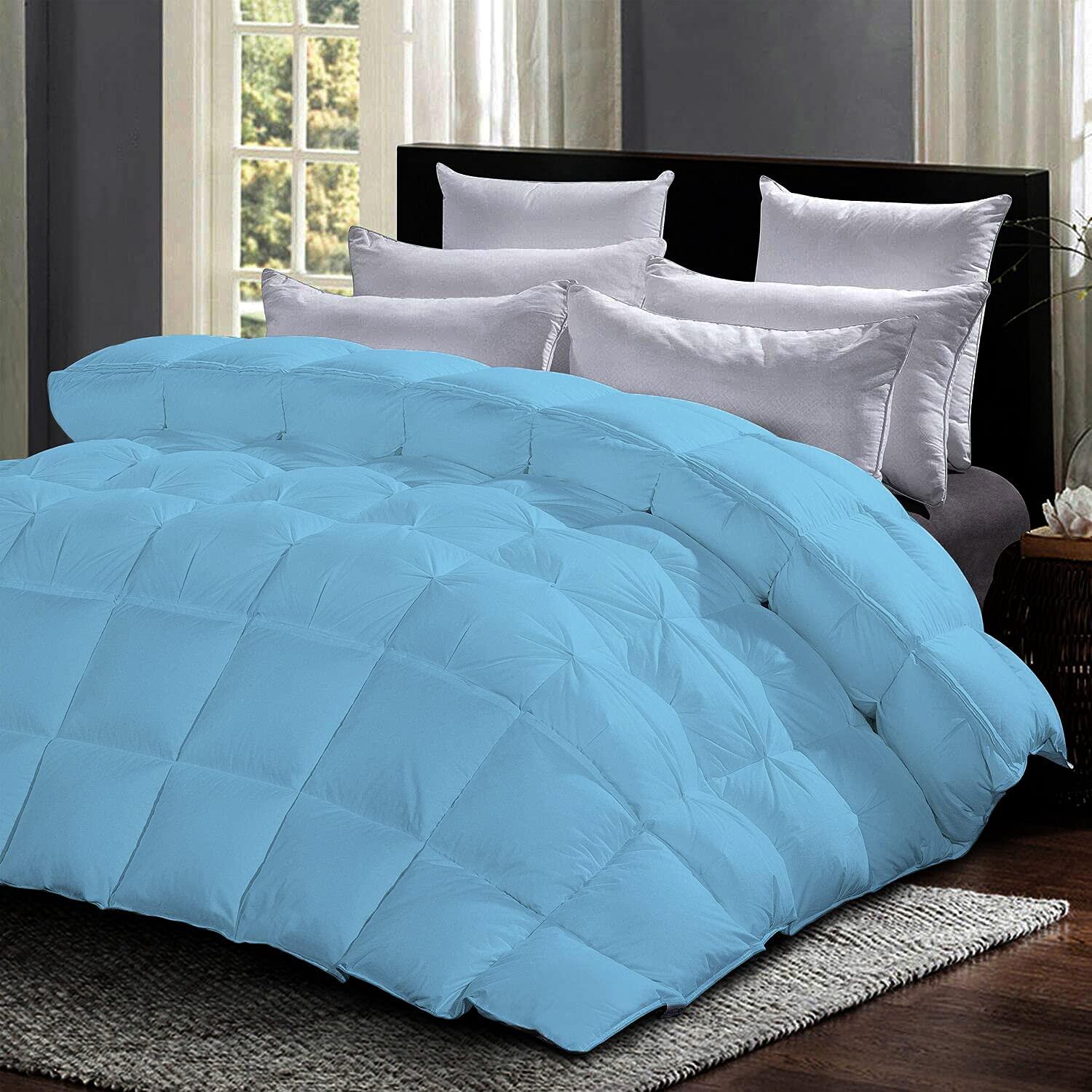 LinenEra Goose Down Comforter Light Blue Oversized Queen Size,100% Soft Cotton 500 GSM Fill Power and Feather Down-Proof Thick Fluffy Baffle Box Stitched Pinch Pleated Comforter Only (1 Piece)