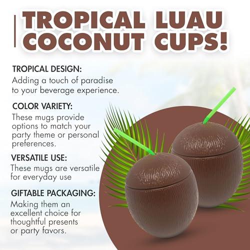 Podzly Podzly - 12 Piece Tropical Luau Theme Coconut Cups - 12 Oz Hawaiian Plastic Mugs with Straw and Removable Lid - Set for Drinking Cups or Party Favors - Perfect for Beach, Pool, and Tiki Parties