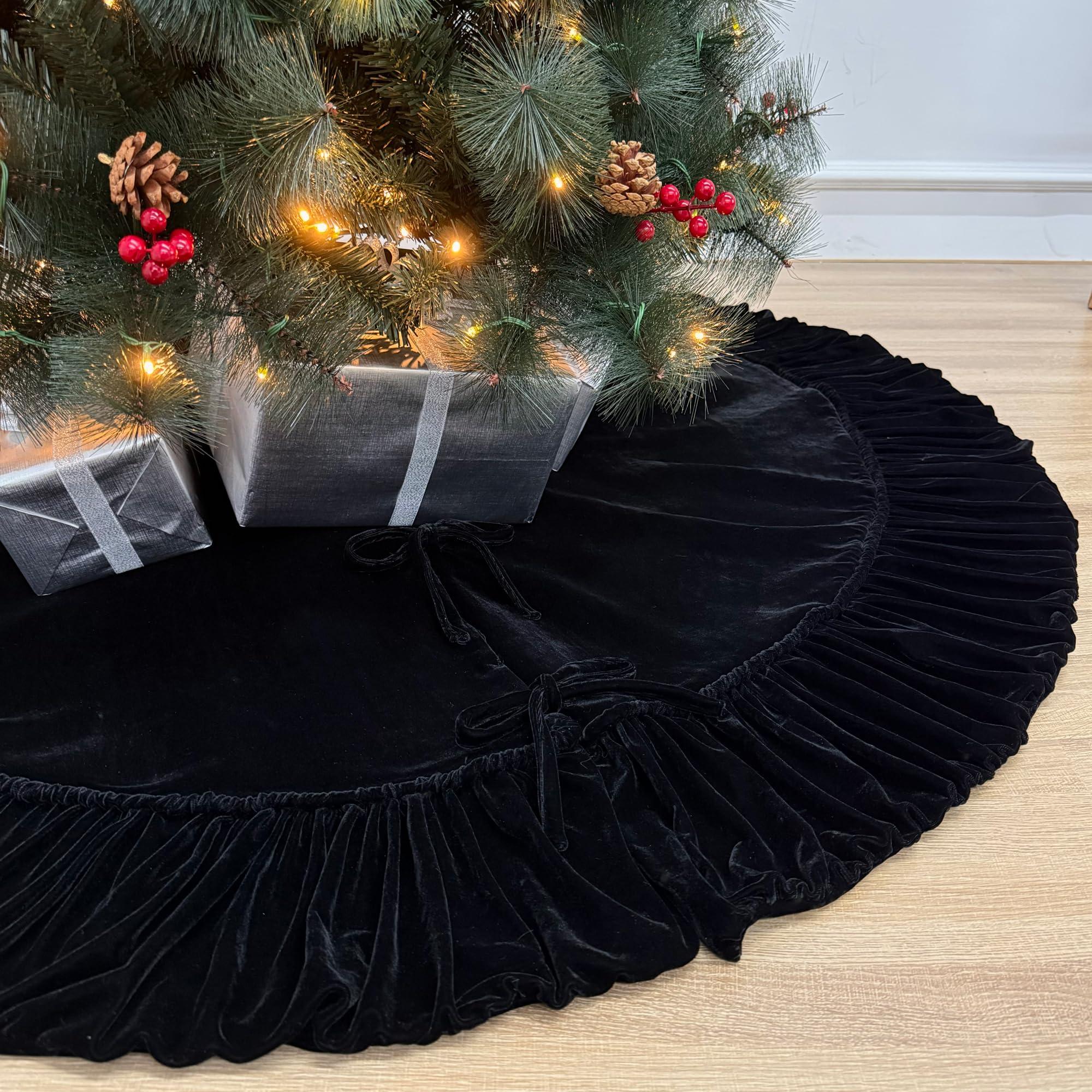 Starry Dynamo 84-Inch Ruffled Velvet Christmas Tree Skirt, Thick Foam-Lined Heavy Duty Fabric with Plush Lace Ties, Black