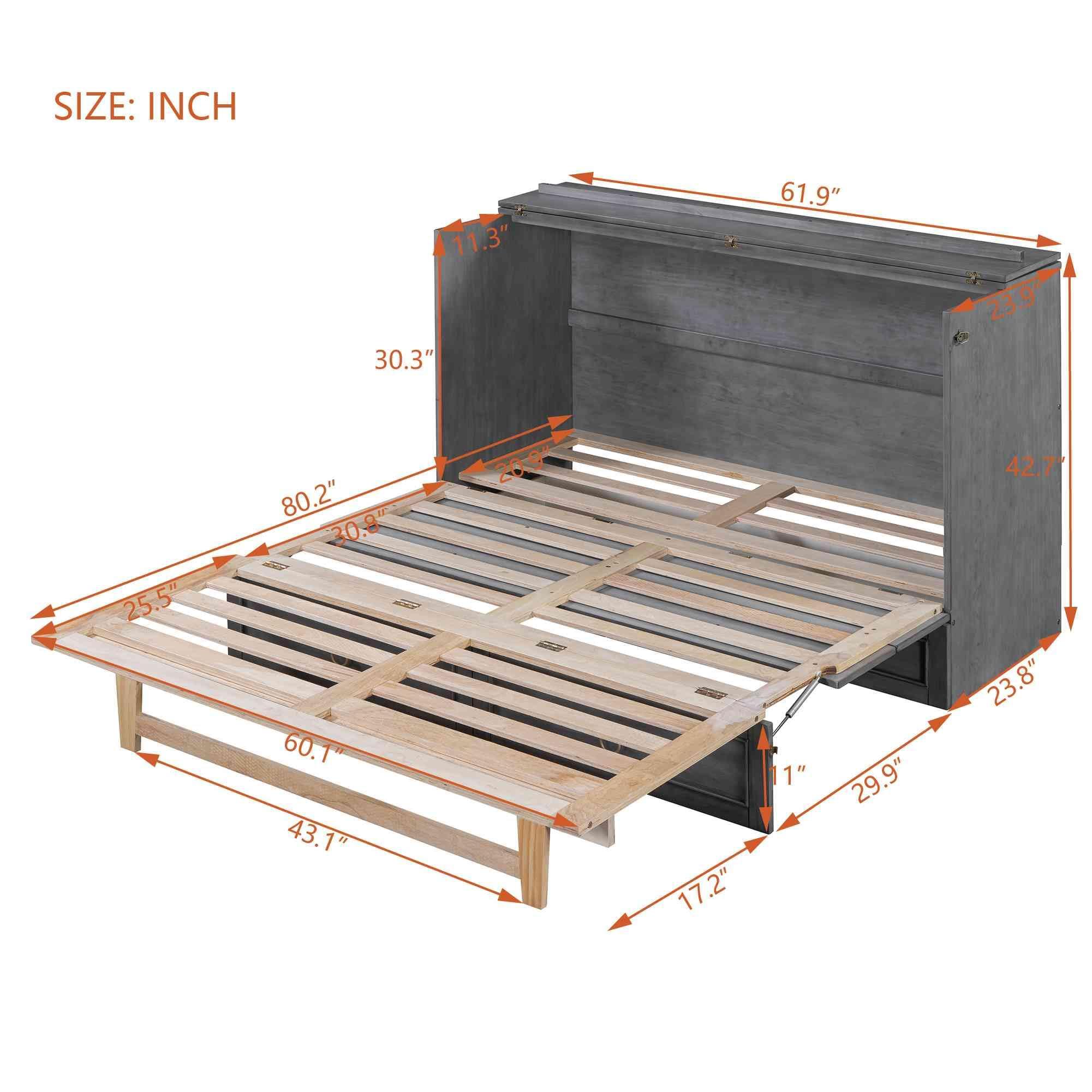 ATY ATY Queen Size Murphy Bed with Large Storage Drawer & Charging Station, Space Saving Platform Bedframe for Bedroom, Guestroom, No Box Spring Required, Gray