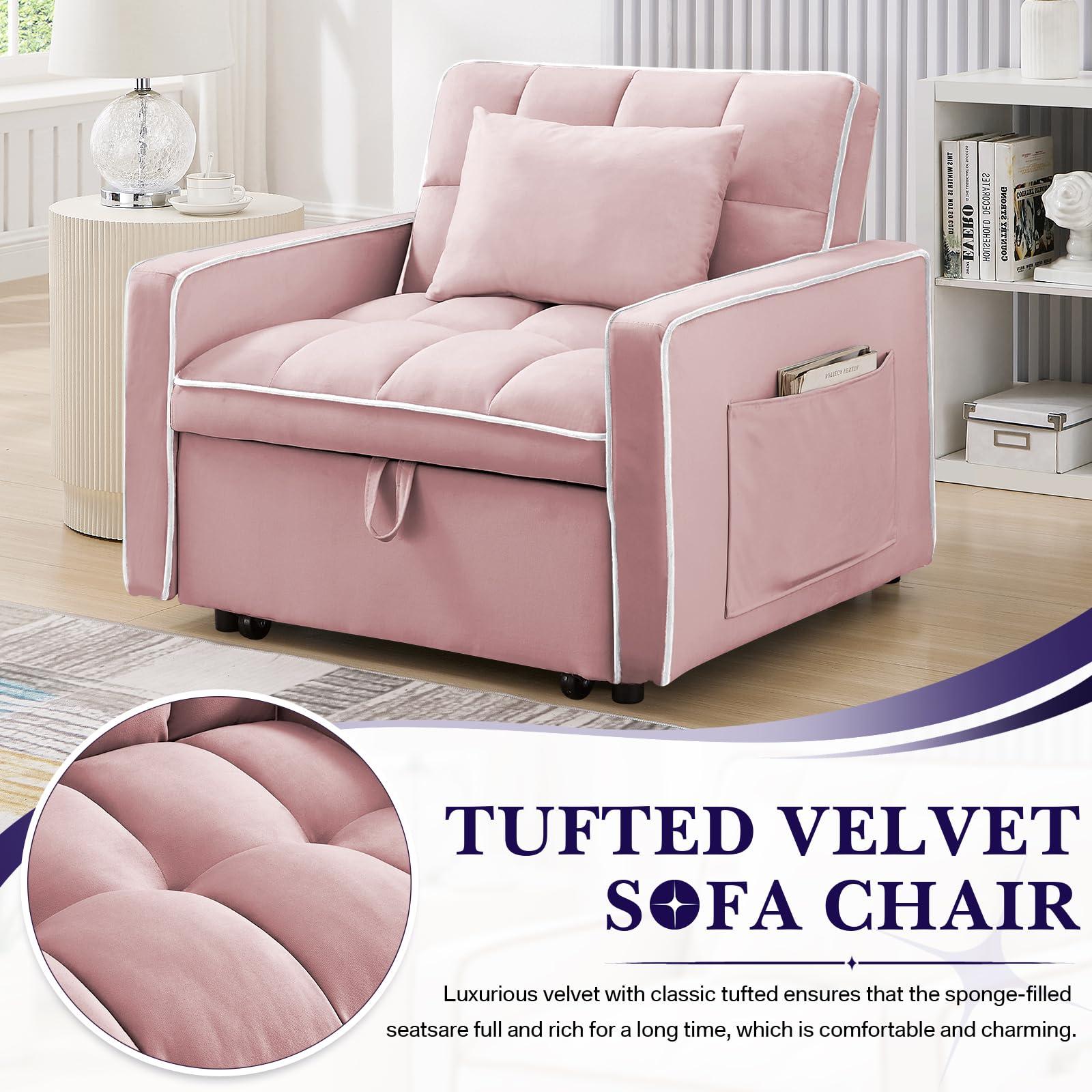 Antetek Convertible Sleeper Chair Bed, 3 in 1 Modern Velvet Pull Out Sofa Bed, Small Tufted Single Sleeper Chair with Adjustable Backrest/Pillow for Living Room, Small Spaces, Apartment, Office, Pink