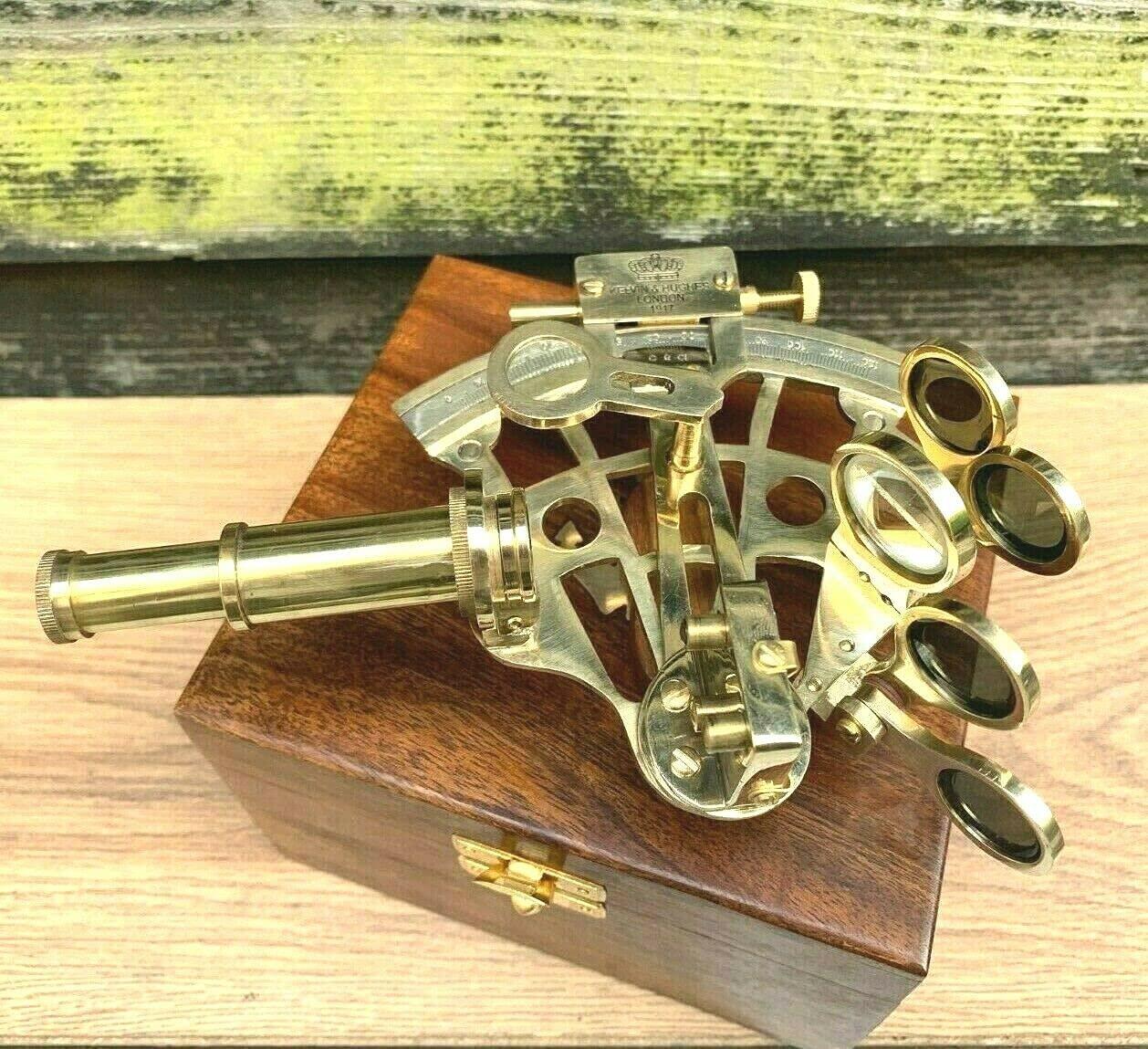 Generic Marine Antique Brass Sextant with Wooden Box Navigation Nautical Marine Vintage Sextant with Wooden Box