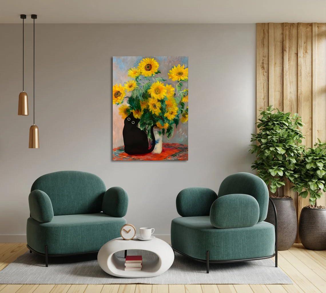 FOSULA Monet Cat Wall Art - Claude Monet Cat Wall Art Prints - Cat Monet Art - Monet Sunflowers Cat Canvas Print - Claude Monet Cat Poster - Monet Sunflowers Cat Wall Decor - Framed Ready to Hang
