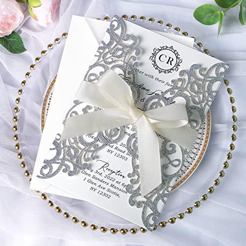 ponatia ponatia 25PCS 5.12 x 7.1 \'\' Champagne Gold Glitter Laser Cut Wedding Invitations Cards with Envelopes for 5x7 Invitation Cards Wedding Baby Bridal Shower Engagement Sweet 16 Birthday Invite