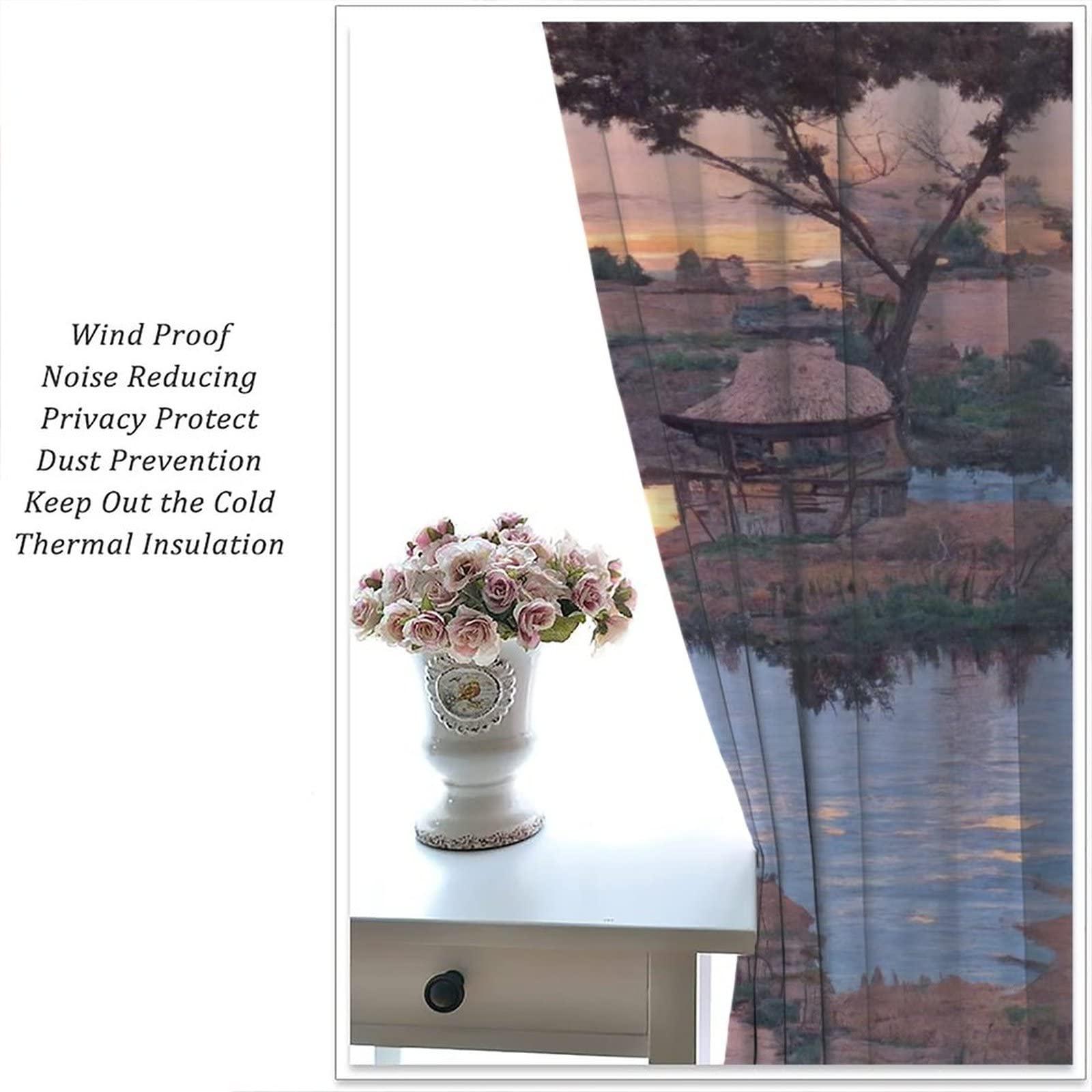 gaoyaqing Asian Landscape Curtain, Traditional Chinese Painting Sunset Landscape Cherry Tree Cloud Mountain, Room Pole Pocket Decoration 2 Panels, Seal Brown 42x63in