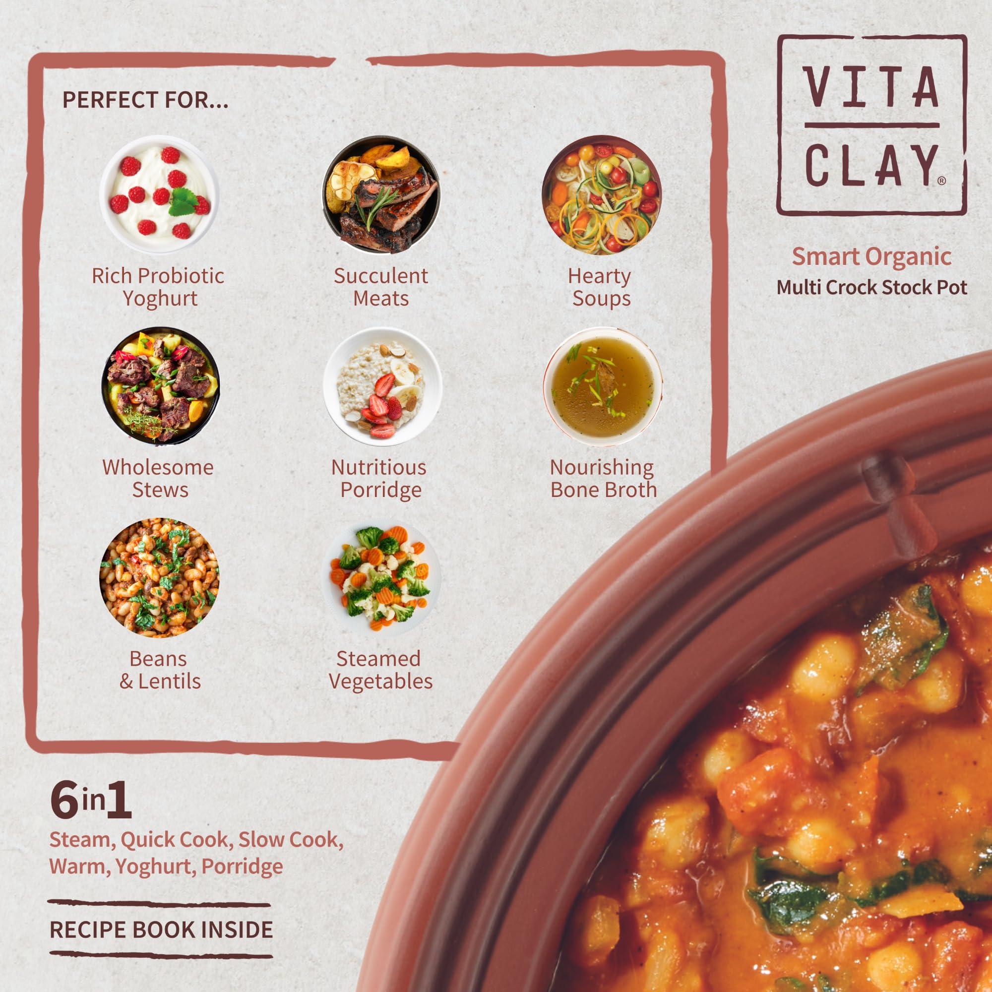 VitaClay Vitaclay Smart Organic Clay Multi Crocks Stock Pot - Toxin Free Clay Electric Pot for Cooking Bone Broth, Large Slow Cooker, Yogurt Maker, Stew Pot with Natural Earthen Clay Crock, 6 quart / 5.7 liter