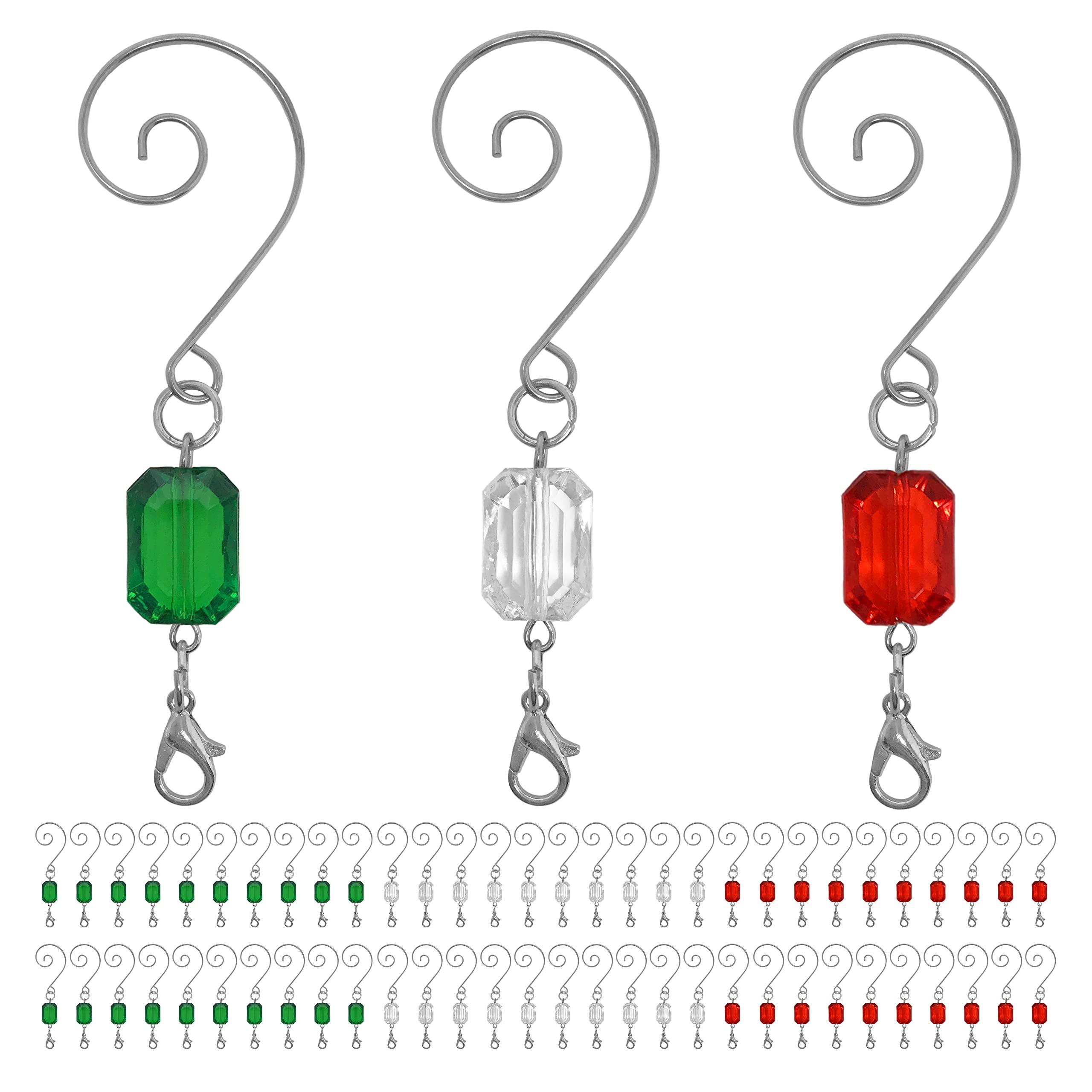 BANBERRY DESIGNS Christmas Ornament Hooks - Set of 120 - Red, Green and Clear Beaded Hangers - Decorative Silver Wire S-Hook with Sparkling Gems - Holiday Seasonal Dcor Accessories