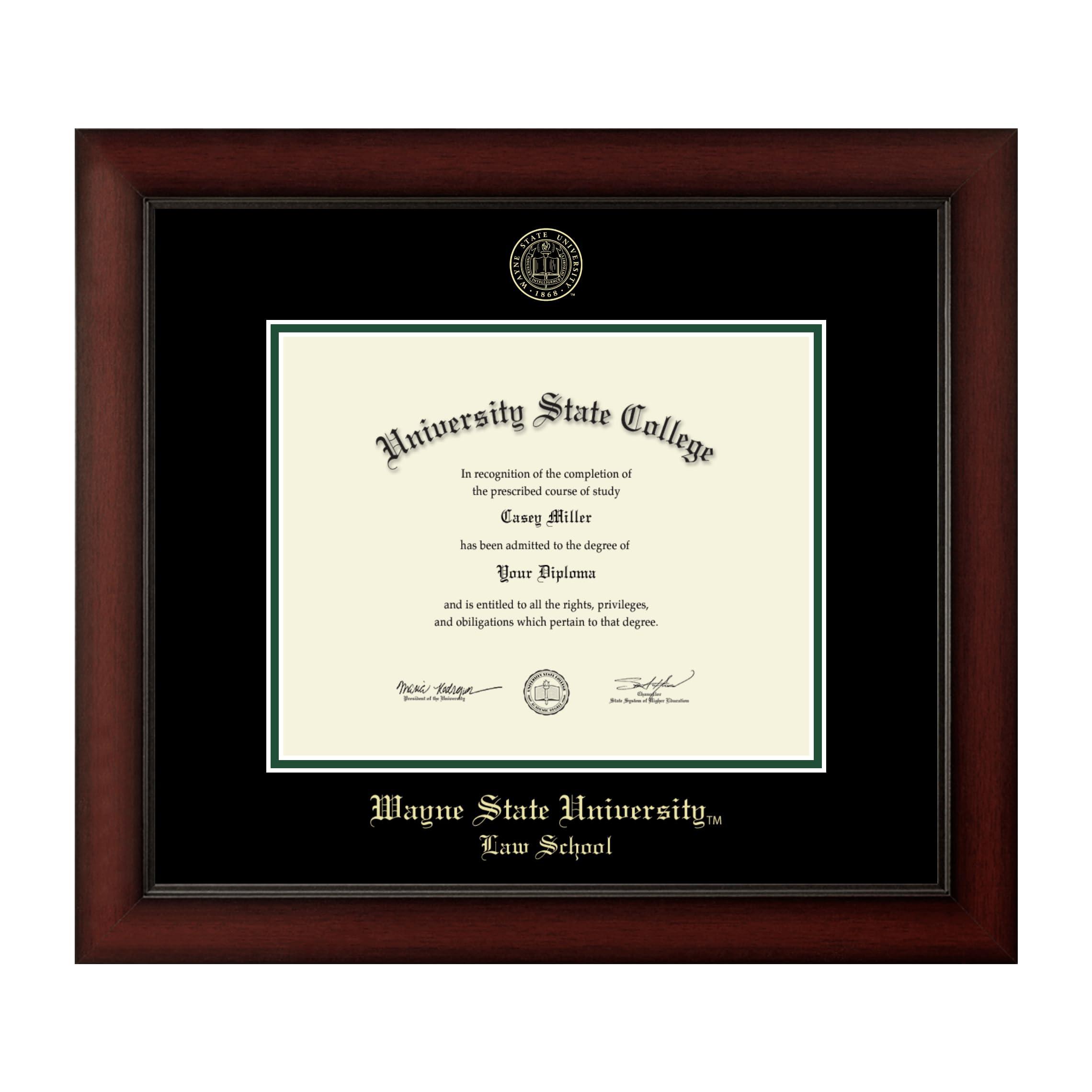 Framerly Framerly - Wayne State University Law School 10\" W X 8\" H Diploma Frame - Fits a Phd - Gold Embossed Diploma Frame - Cherry Moulding with Black and Tartan Green Matting - Officially Licensed