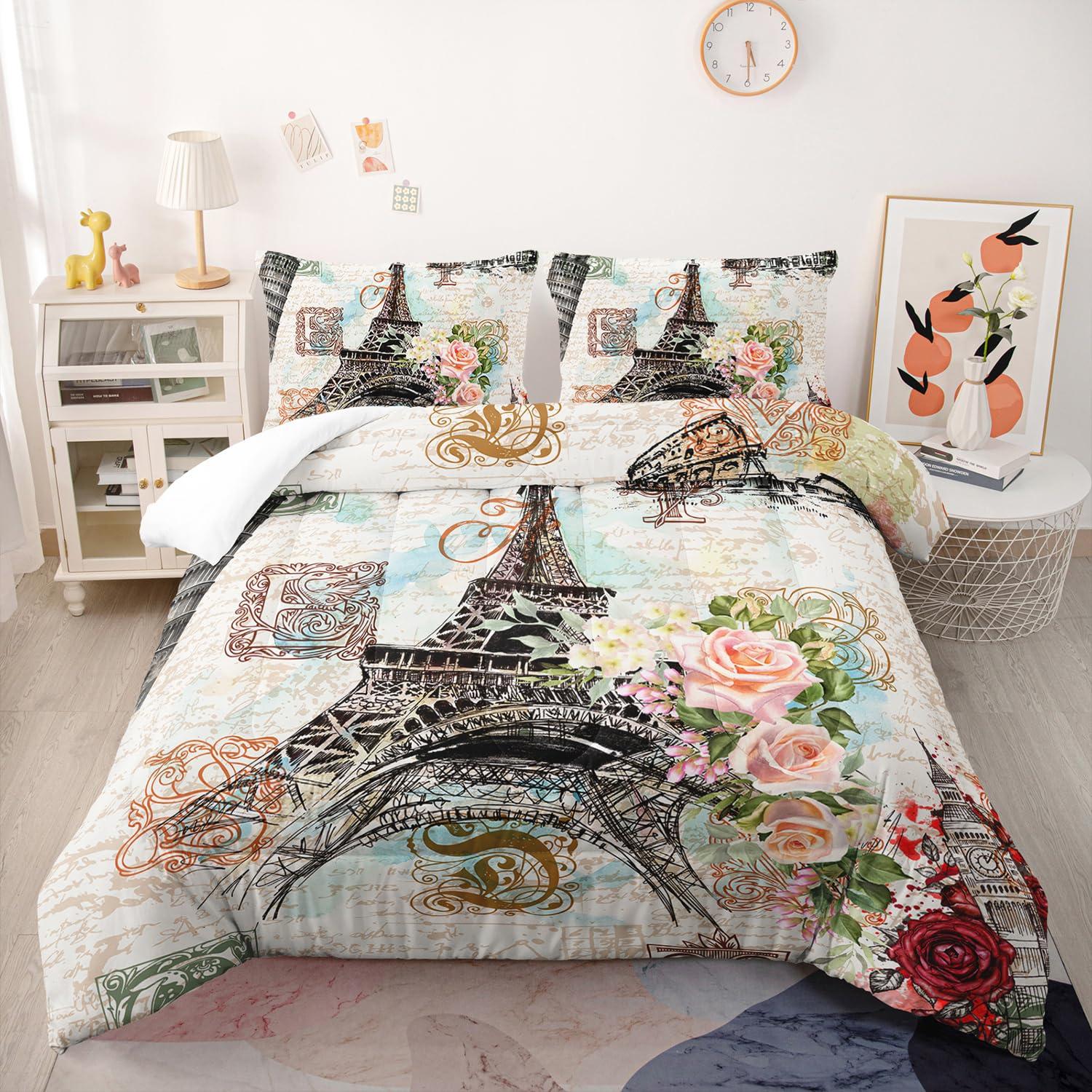 Nttopship Nttopship Romantic Eiffel Tower Comforter Set Queen Size for Kids and Adults 3Pcs,Retro Style Eiffel and Flowers Bedding Set Soft Comfoter for All Season Child Room Decor