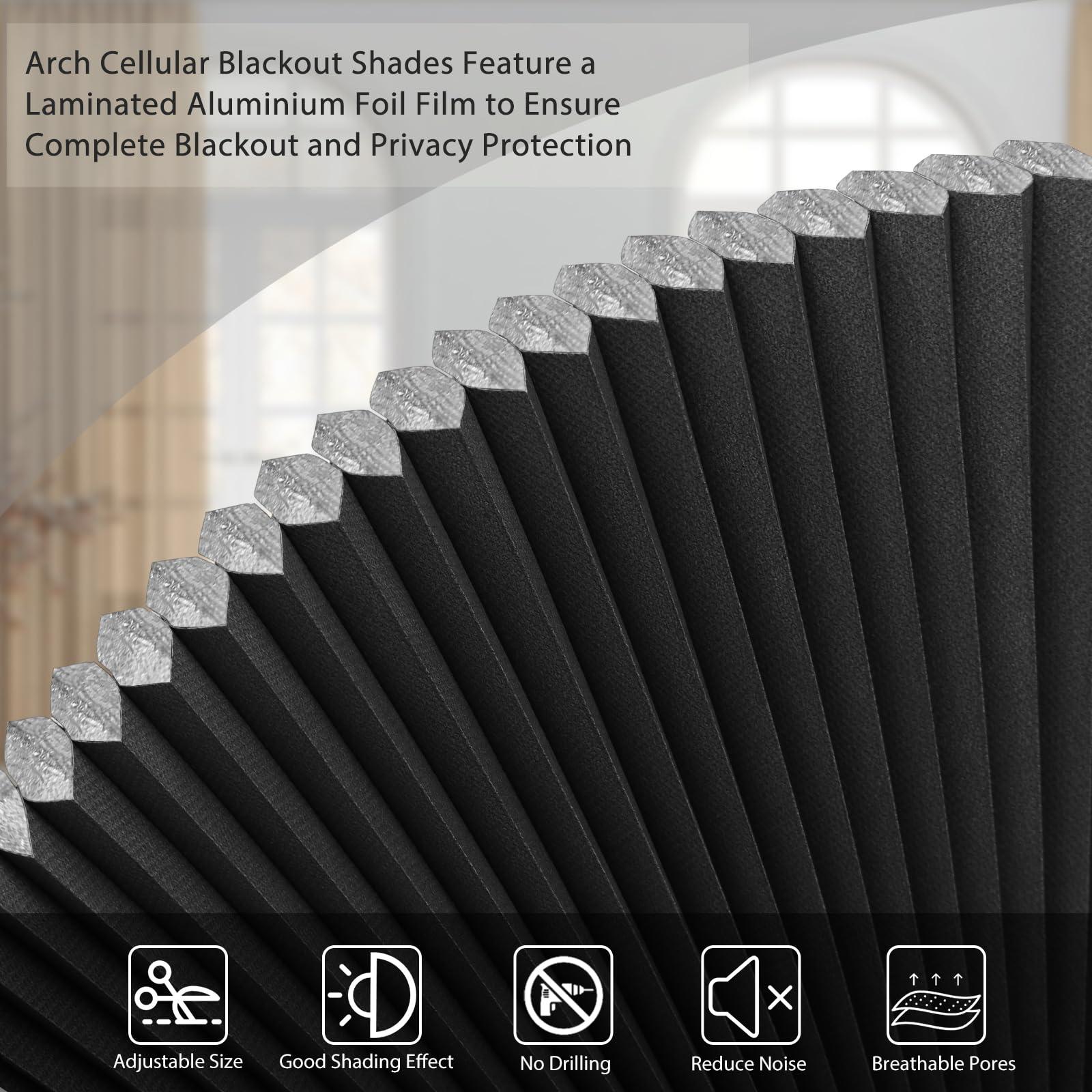 ChYoung Arch Window Shade Blackout, Stick on Cellular Shades Cordless No Drill Honeycomb Blinds, Thermal Insulated UV Protection Fabric Half Circle Window Coverings Room Darkening Shades (Black, 48"W x 24"H)