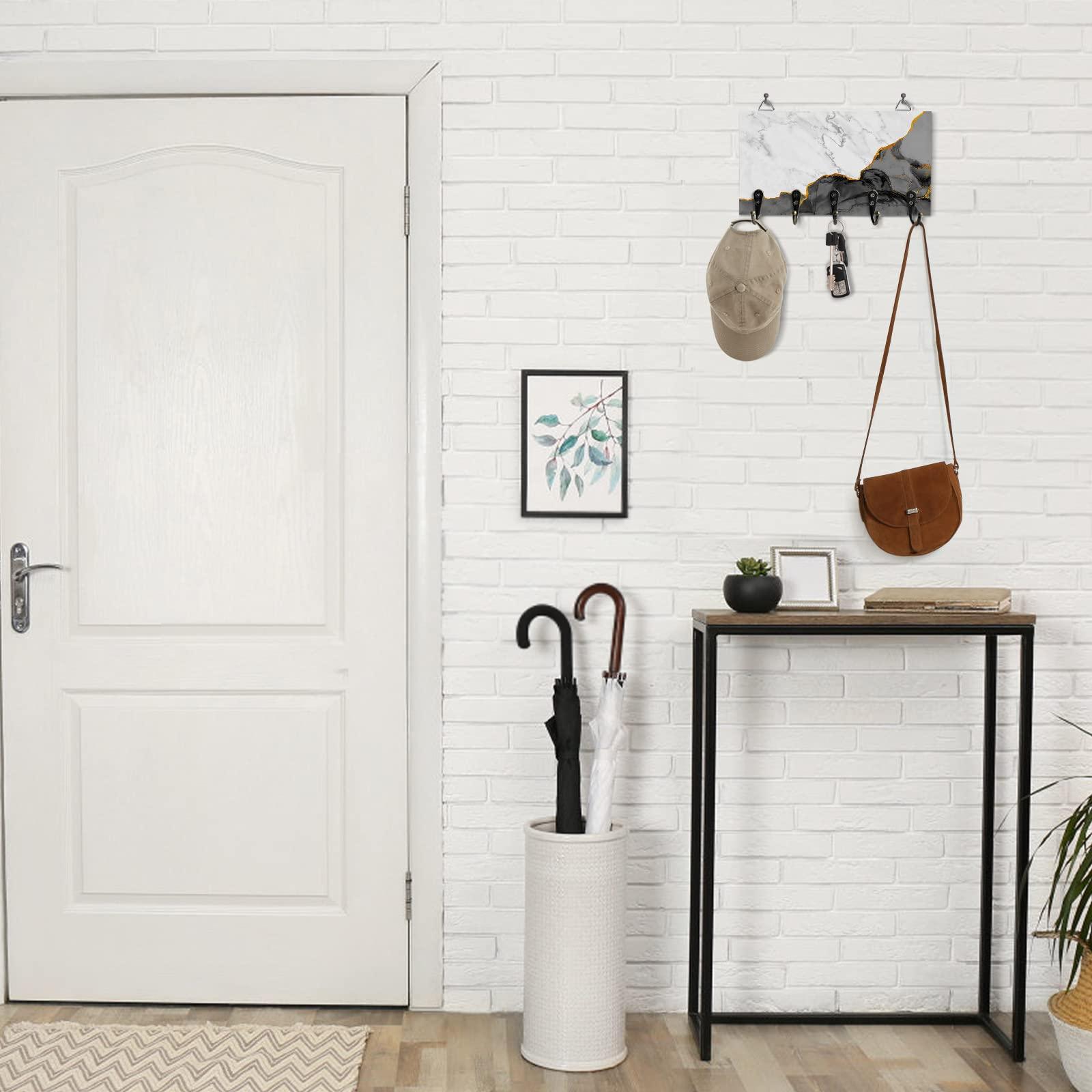 FortuneHouse8 Key Holder for Wall Black Grey Marble Decorative Key Hanger for Wall White Modern Abstract Art Luxurious Wall Mounted Key Racks with 5 Key Hooks Wood Key Holder for Entryway Hallway Doorway Office