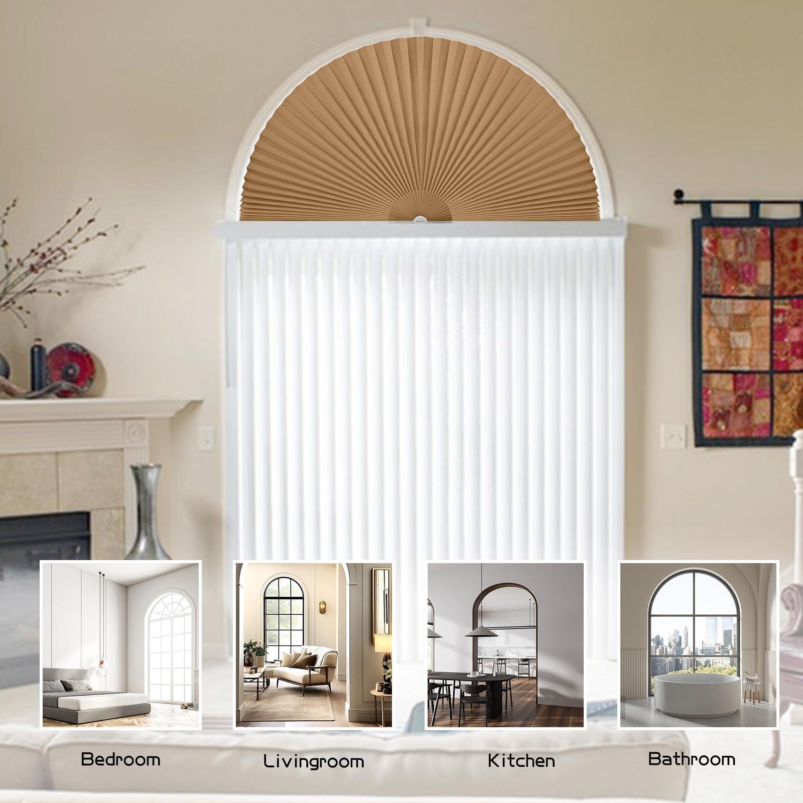 Jlong Arch Window Shade Curtains Half Circle Moon Pleated Fabric Blinds Semi Circle Temporary Light Filtering Pleated Paper Shades Half Round Window Covering Easy to Cut and Install(1,Brown,48x24Inches)