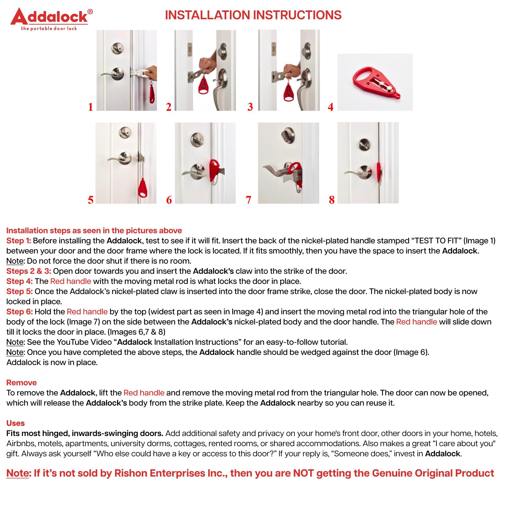 Rishon Enterprises Inc. Addalock The Original Portable Door Lock for Travel & Home Security, Durable 1-Piece Door Latch Lock for Houses, Apartments, Hotels, Motels, Dorms & AirBnBs - Lock The Door & Stay at Home or Away