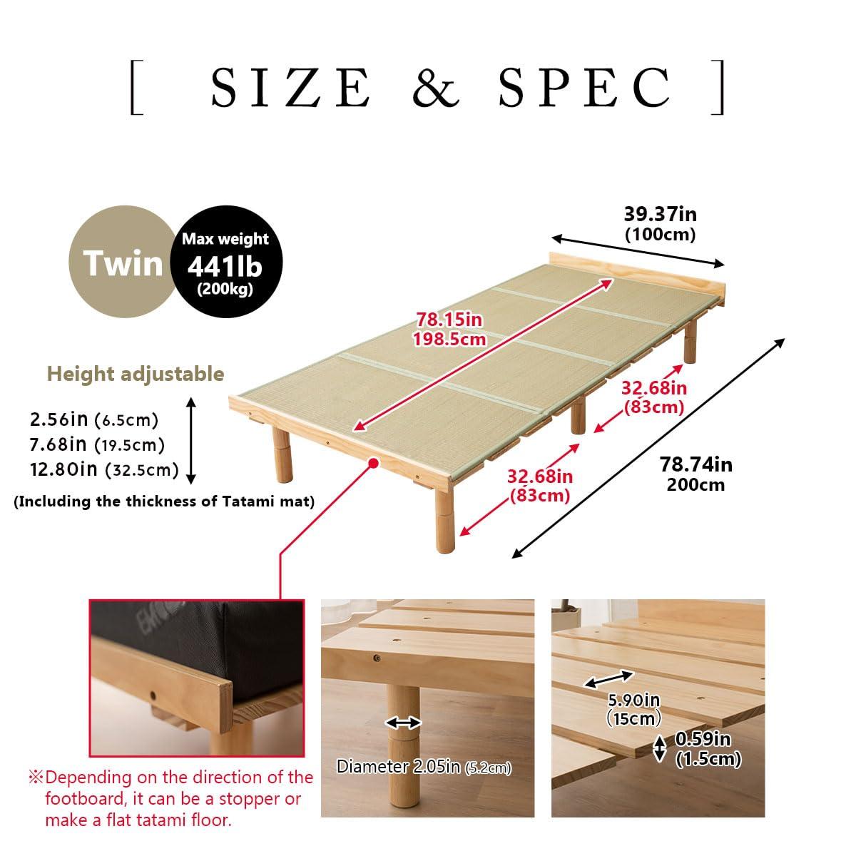 EMOOR EMOOR Wood Slatted & Tatami Floor Bed Frame OSMOS+Tatami Twin for Japanese Futon Mattress Solid Pine (Earth-Natural), Height Adjustable (2/7/12in) Tatami Mat