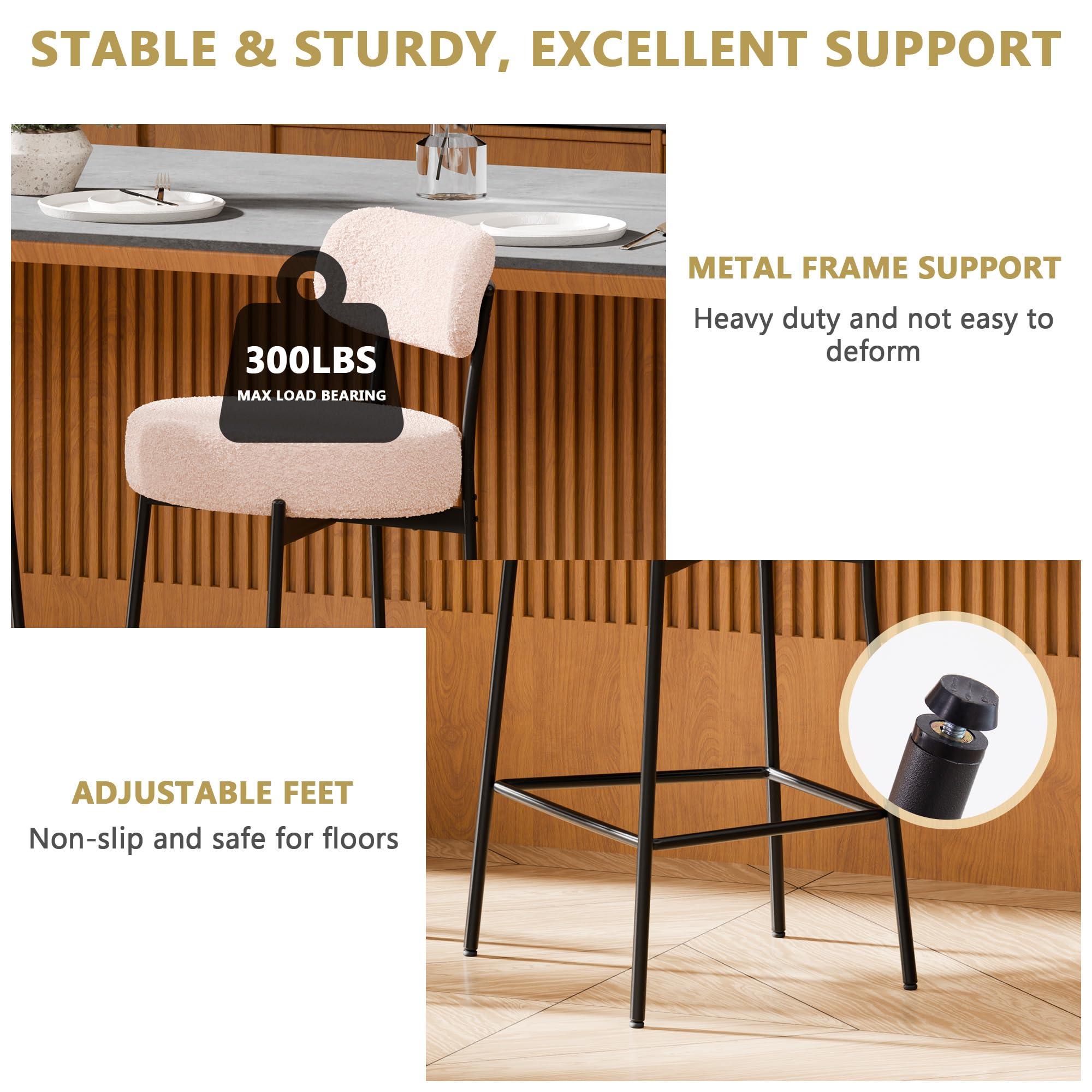 DYHOME DYHOME Bar Stools Set of 3, 24 Inches Modern Counter Height Bar Stools with Curved Back Metal Legs, Beige Upholstered Boucle Barstools for Kitchen Island, Cafe