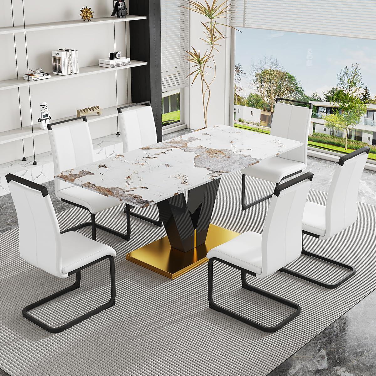 Rejeke Rejeke 71" Dining Table Set for 6, Modern White Rectangle Dining Room Table with PU Leather Chairs, Faux Marble Top