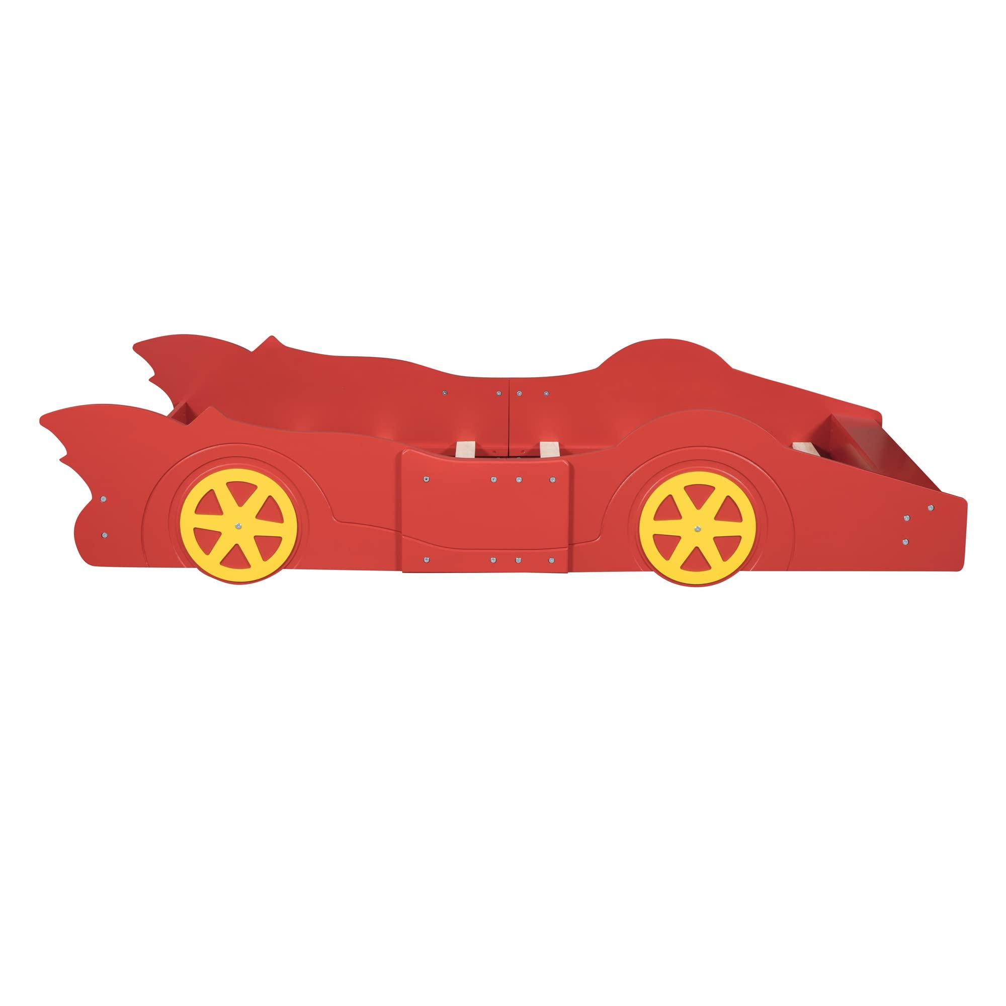 SOFTSEA SOFTSEA Twin Size Race Car Bed with Wheels, Car Shaped Platform Bed for Kids, Wood Car Bed Frame with Guardrails, Twin Car Shaped Bed for Kids Boys, No Box Spring Needed, Red