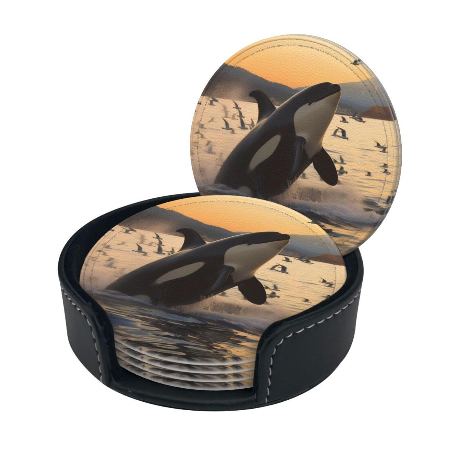 ZLYYXY Stylish Coasters - Killer Whale Set of 6 Round Leather Drink Coasters with Holder - Perfect Size for Cups and Glasses
