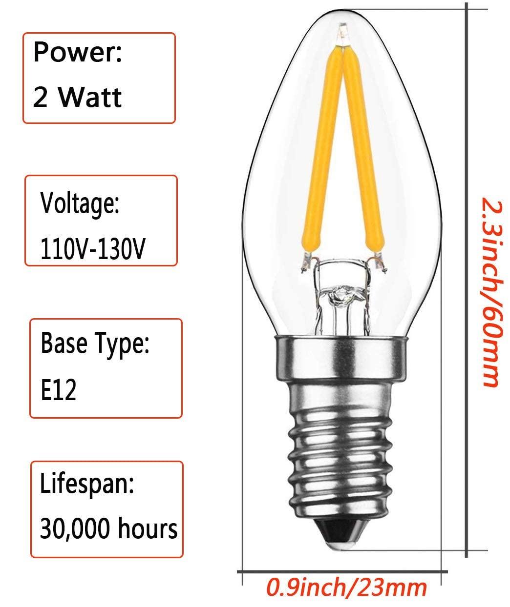 KIMROO KIMROO 2W E12 C7 Candelabra LED Bulbs(6 Pack) 15W Enquivalent E12 Base LED Filament 2W Bulb 120V Dimmable 6000K Daylight White Clear Glass C7 Mini Candle Torpedo Shape for Night Light (White)