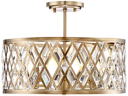 Possini Euro Design Possini Euro Design Tanz Modern Ceiling Light Semi Flush-Mount Fixture 16 1/2\" Wide Satin Brass 3-Light Clear Glass Crystal Drum Frame for Bedroom Kitchen Living Room Hallway Dining Bathroom House