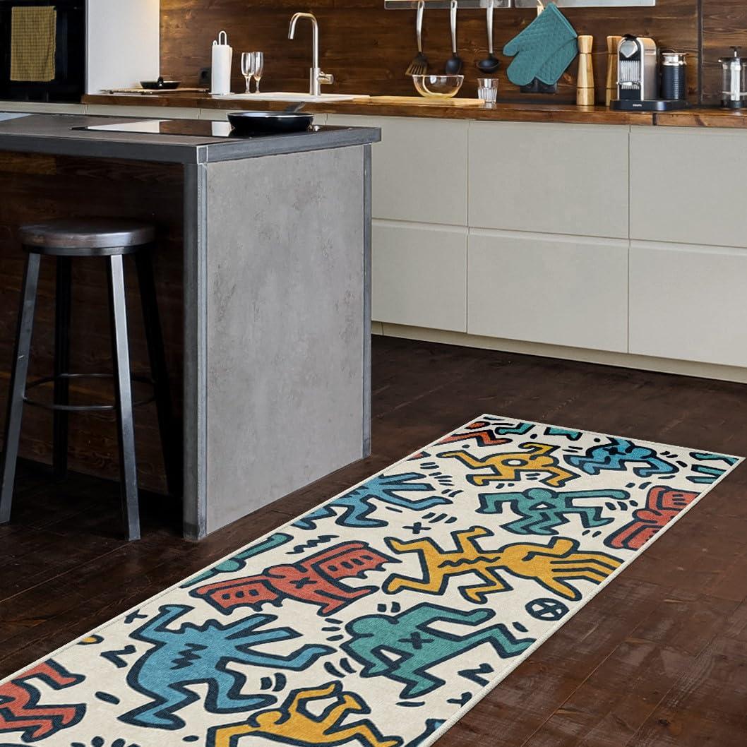 RUGGABLE Ruggable x Keith Haring Washable 2x3 Area Rug, Block Party Multicolor, Premium Rugs for Living Room, Bedroom, Kitchen, Office, Classroom with Gripper Non Slip Pad