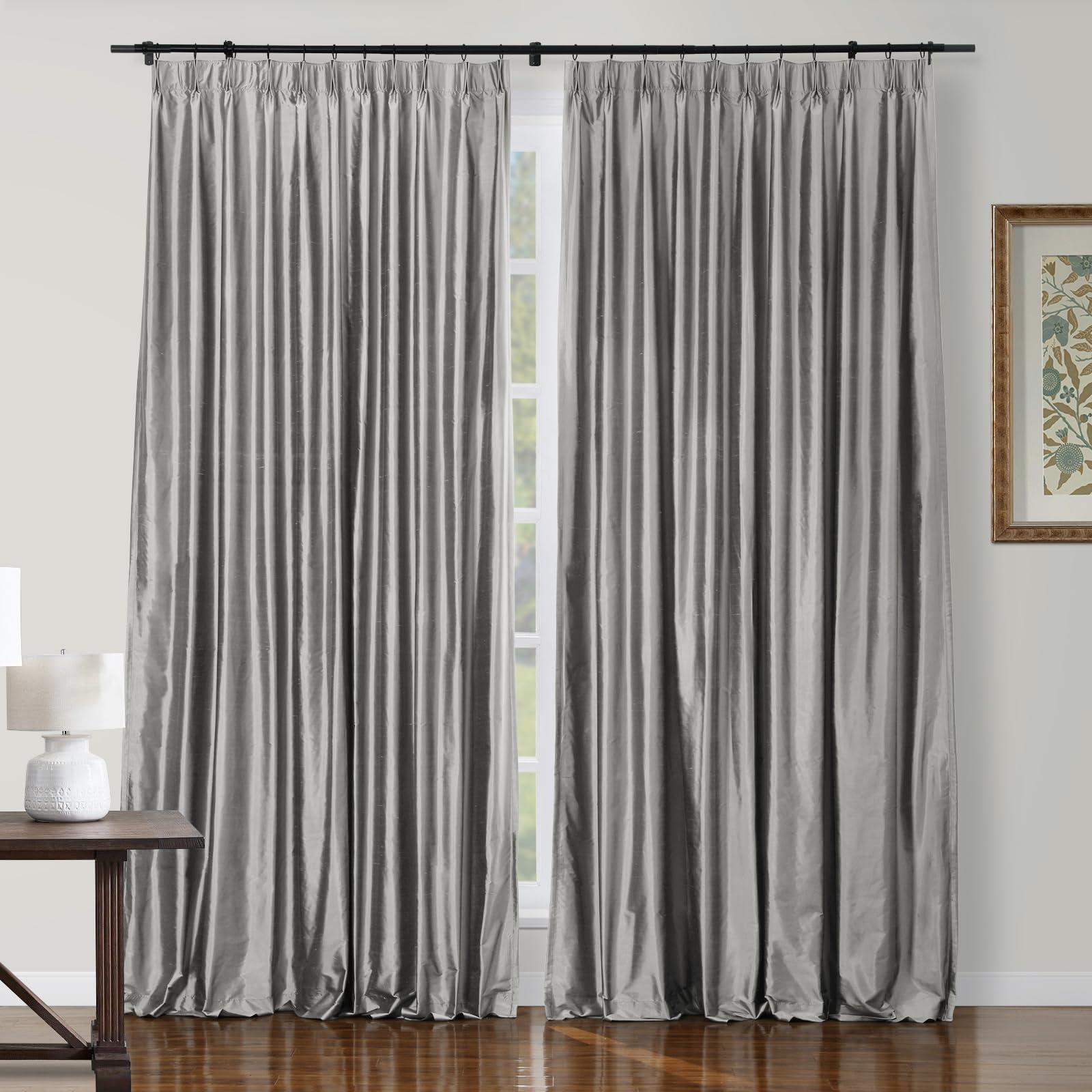 TWOPAGES TWOPAGES 100% Dupioni Silk Window Curtain Panel for Living Room 84 Inches Long Pinch Pleated Drape for Bedroom, 1 Panel, 52W x 84L Inch, Silver Gray