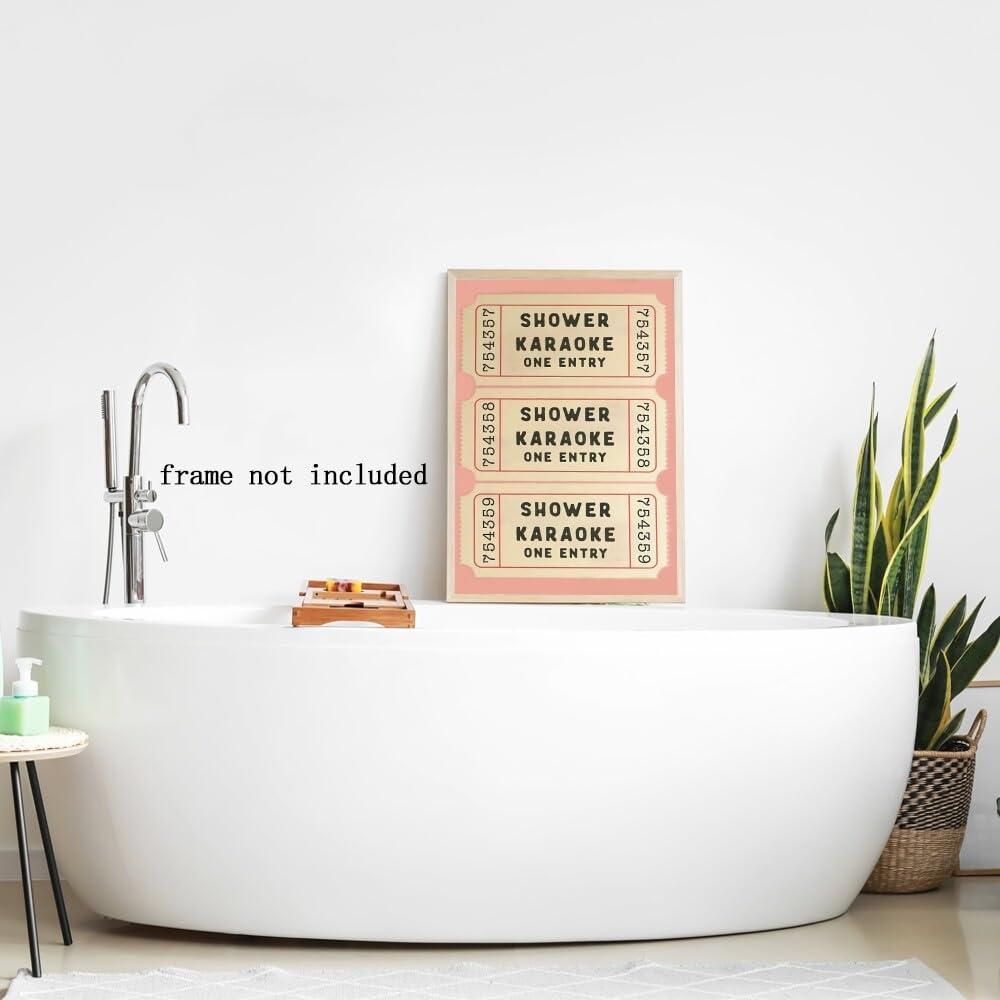WHQethrial Funny Shower Karaoke Ticket Print Bathroom Canvas Poster for Bathroom Decor, Retro Pink Toilet Wall Art, Cute Bath Decor, Aesthetic Bathroom Art, Guest Bathroom Canvas Wall Art 8x12inch Unframed