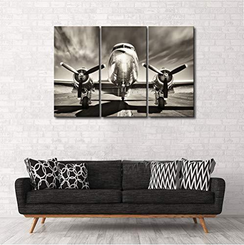KLVOS KLVOS 3 Piece Airplane Wall Art Vintage Black and white Propeller Aircraft Picture for Boy Room Home Office Modern Home Decor Stretched and Framed Ready to Hang - 16"x32"x3pcs