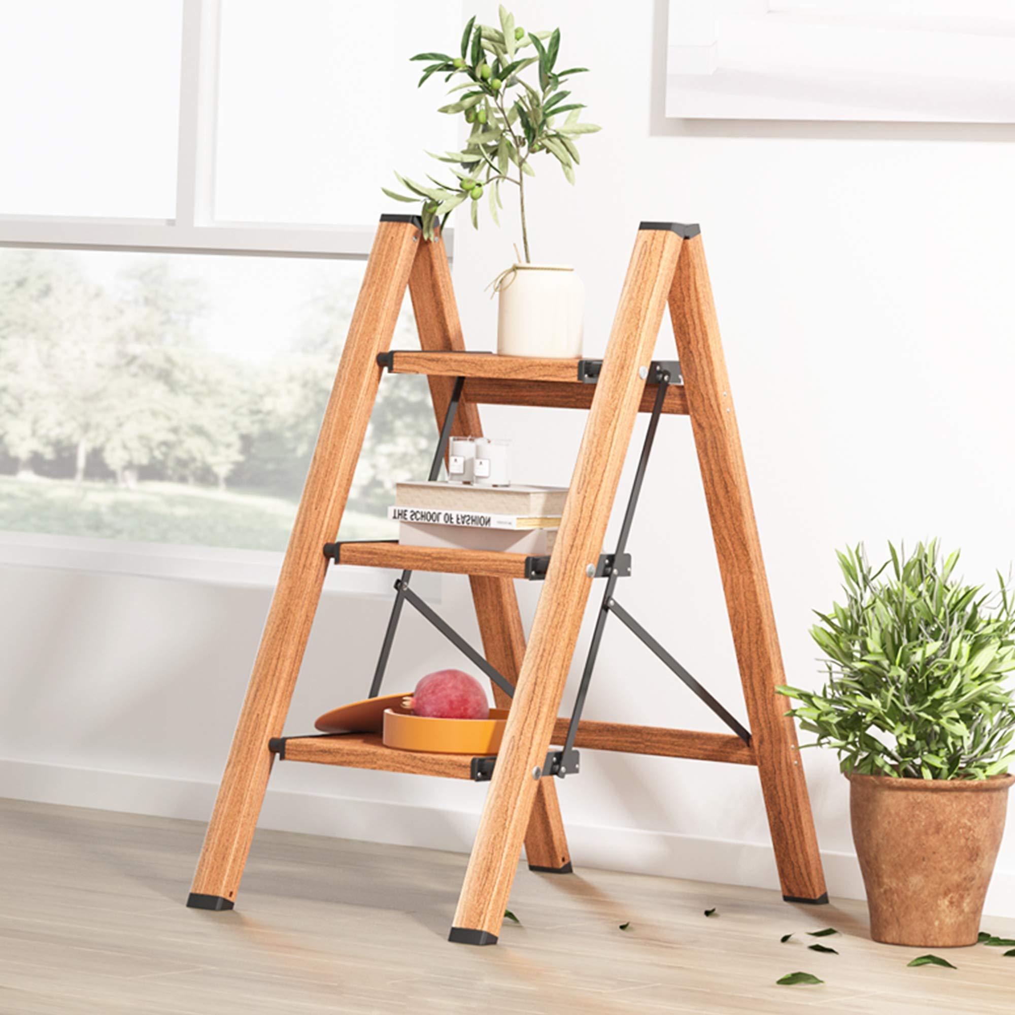 Soladder SOLADDER 3 Step Ladder, Folding Step Stool with Anti-Slip Wide Sturdy Pedal and Handgrip, Multi-Use for Home and Kitchen Use, Space Saving-Woodgrain(300 lbs Capacity)