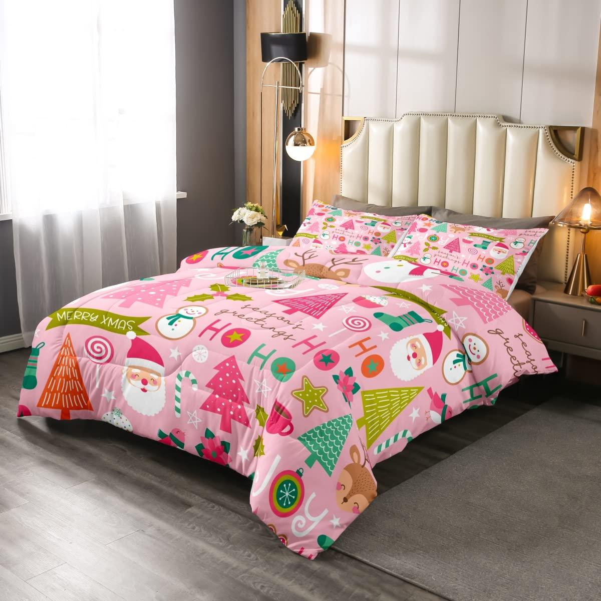 Erosebridal Erosebridal Pink Christmas Comforter Set + Rainbow Fitted Sheet, Full Size