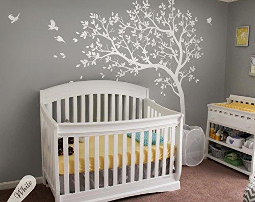 Studio Quee Large Tree Wall Decals Nursery Tree Stickers with Birds Stunning Tree Wall Art Mural Vinyl Wall Decor KW032 (Leaning Left, White)