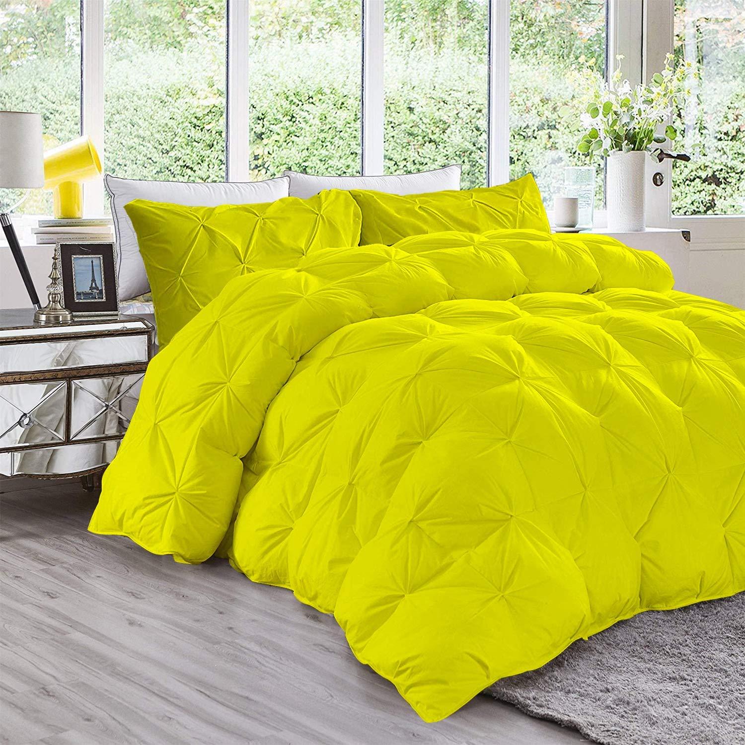 BEDICIA Yellow Solid Pinch Pleated 4 Piece Comforter Set (1 Comforter, 1 Duvet Cover & 2 Pillow Shams) 800 Thread Count Soft Egyptian Cotton California King Size