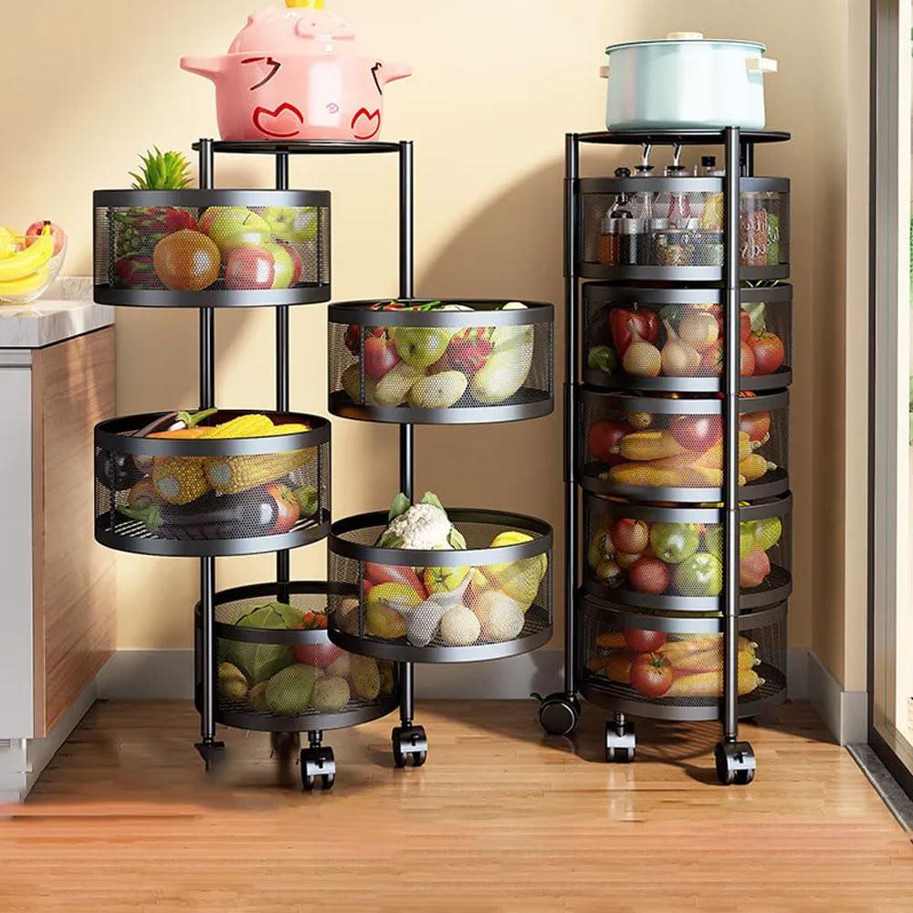 Johofiow Johofiow 5 Tier Vegetable Basket Large Storage Rack with Wheels, Rotating Metal Kitchen Storage Basket Rolling Cart with Metal Top Lid, Wire Basket Organizer for Potato Onion Bread Banana