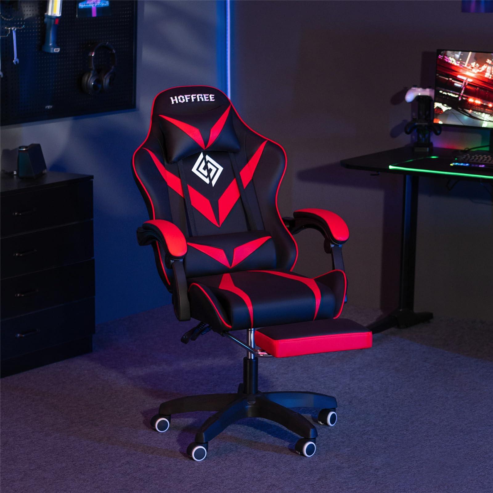 HOFFREE HOFFREE Massage Gaming Chair for Kids Computer Gamer Chair with Footrest and Lumbar Support Reclining PC Game Chair with Headrest for Gaming Room Red and Black