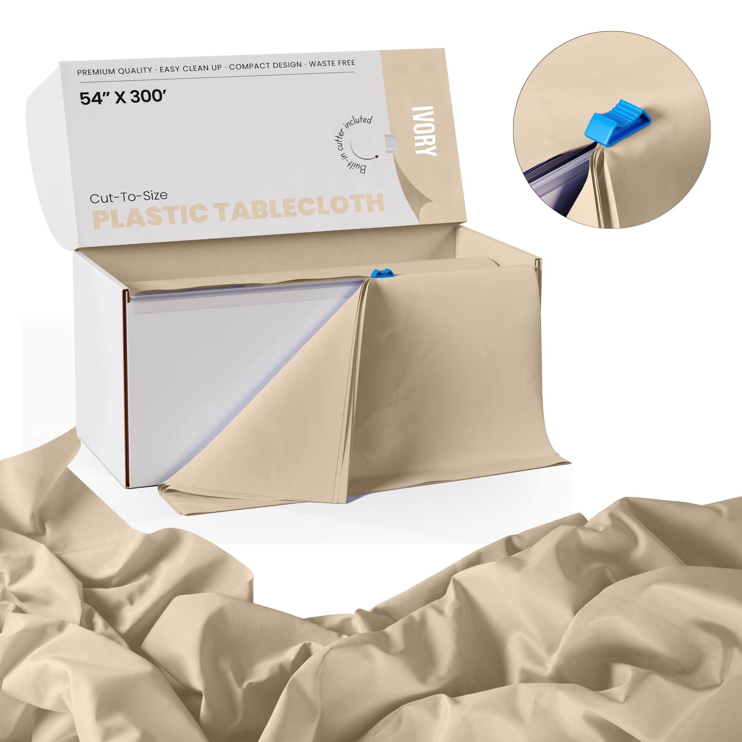 Exquisite Exquisite 54 Inch X 300 Feet Ivory Plastic Table Cover Roll in A Cut - to - Size Box with Convenient Slide Cutter. Cuts Up to 36 Rectangle 8 Feet Plastic Disposable Tablecloths