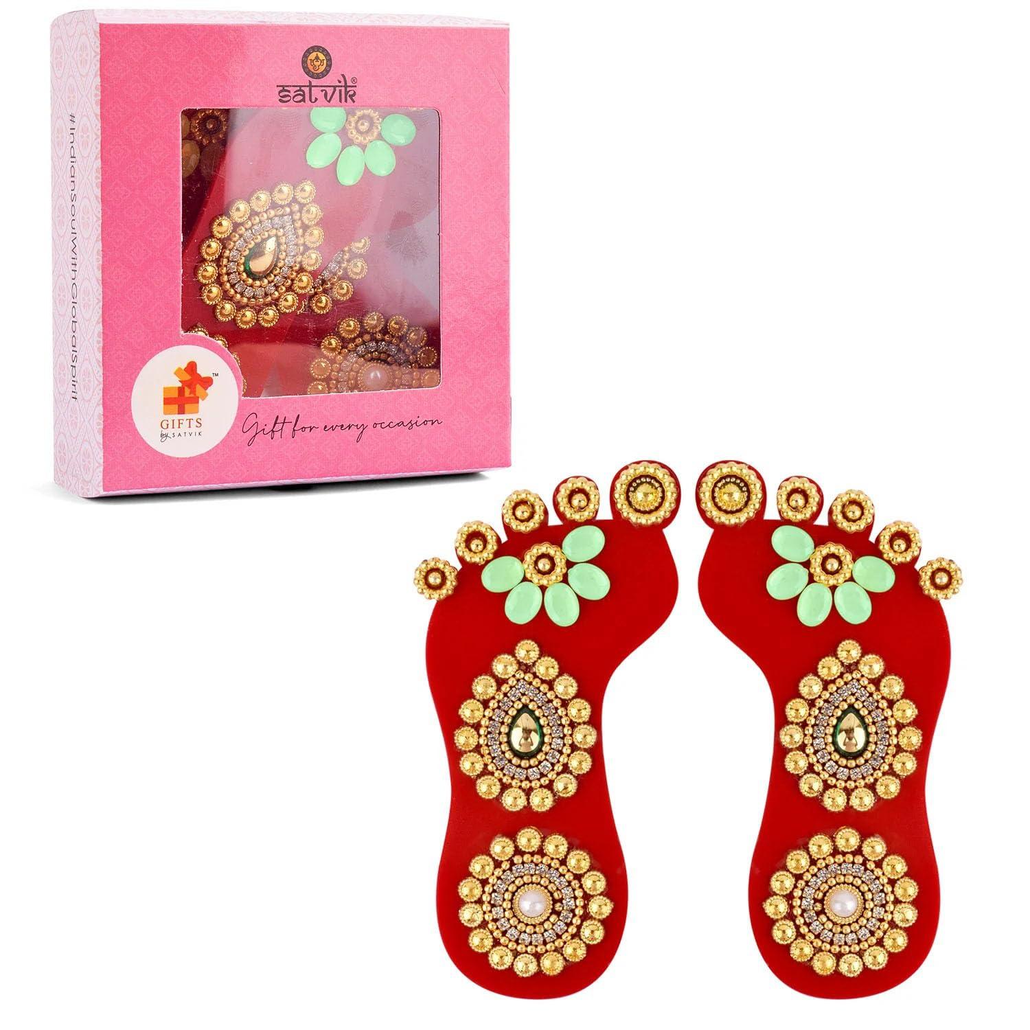 SATVIK STORE SATVIK 1 Pc Set of Acrylic Lakshmi Mata Charan Paduka Sticker Diwali Festival Decoration with Stone Moti Mandir Home Office Floor Festival Pujan Home Floor Kolam Shubh Labh Rangoli Stickers (DESIGN 1)
