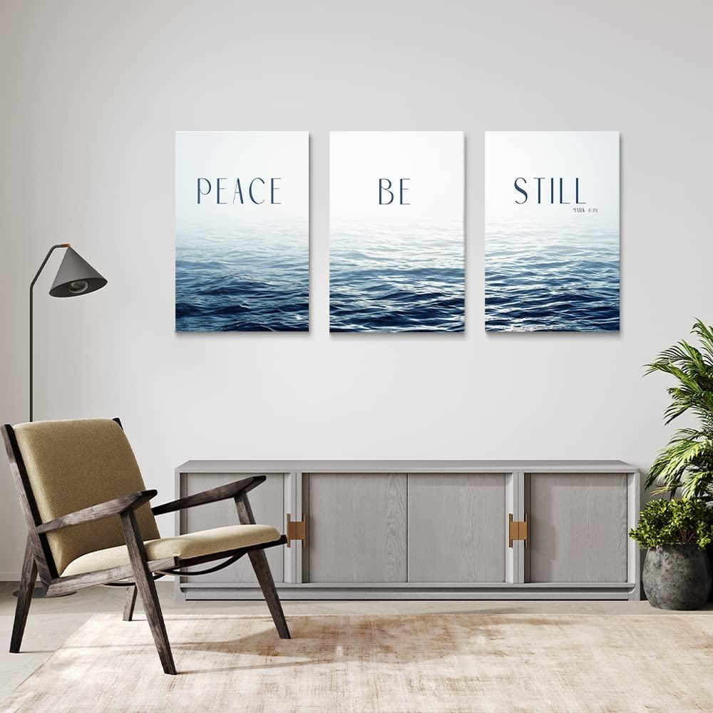 SKYSUKEY SKYSUKEY Modern Blue Ocean Canvas Wall Art Christians Wall Art Scripture Wall Decor \"Peace! Be Still! Mark 4:39\" Inspirational Bible Verse Wall Art Calmful Pictures Calm Sea Canvas Prints Seascape Canvas Prints Framed,Set 3,24\"x36\"