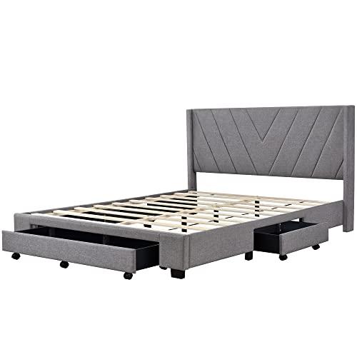 HOHOBD Linen Upholstered Platform Bed with 3 Drawers, Wooden Storage Bed Frame with Headboard for Bedroom (Grey, Queen (U.S. Standard))