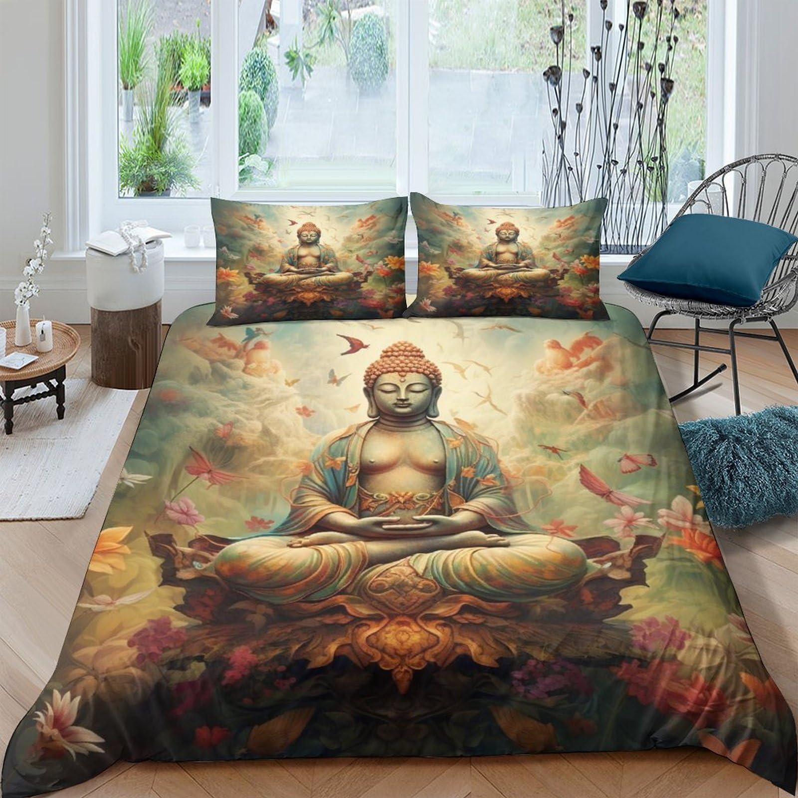 BUKISA BUKISA 3D Pattern Art Style Comforter Cover, Soft and Delipussycate Buddha Duvet Cover with Pillowcase, Cozy 3 Pieces Bed Set, Luxe Full203x228cm Bedding Set, for Kids Teens and Adults Bedroom