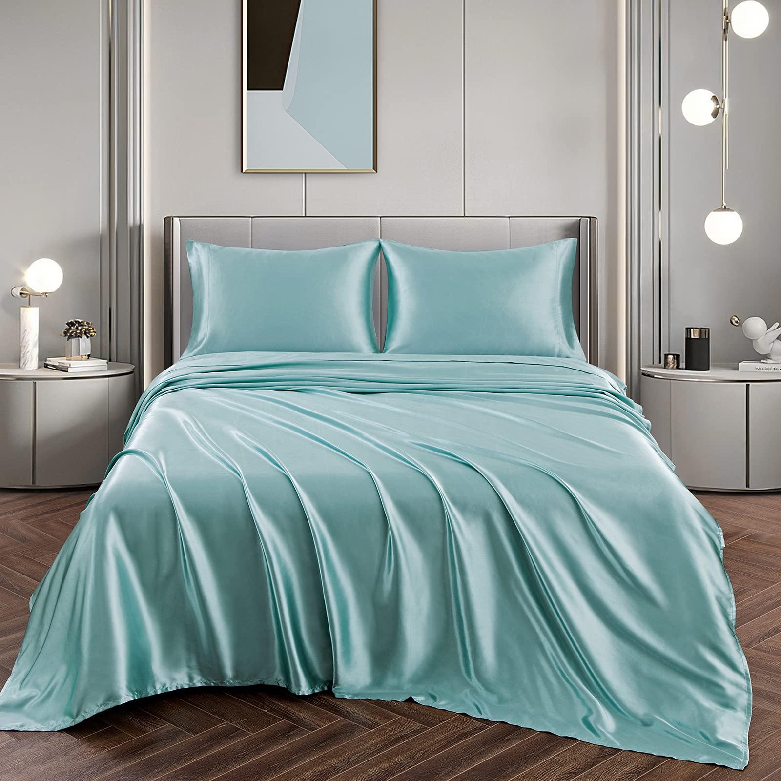 Soft Mercantile Satin Sheets Twin XL Silky Soft Satin Bed Sheets Aqua, 15" Deep Pocket 1 Fitted Sheet + 1 Flat Sheet + 2 Pillowcases