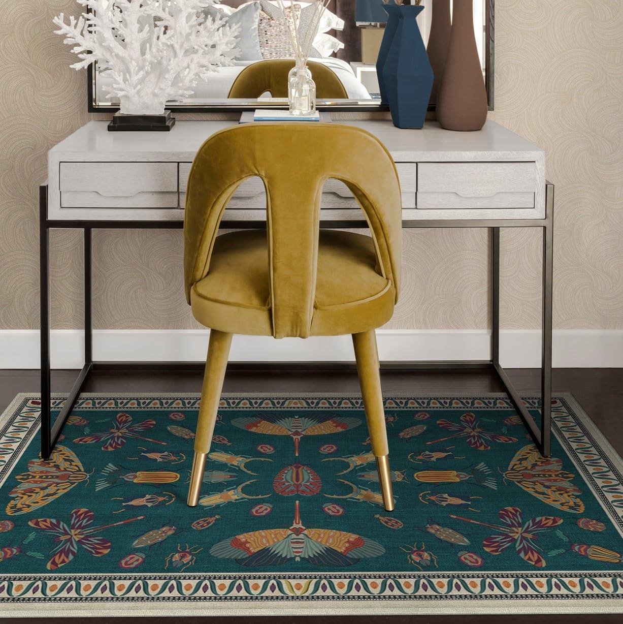 RUGGABLE RUGGABLE Washable 3x5 Area Rug, Flutterby Teal, Premium Modern Rugs for Living Room, Bedroom, Kitchen, Office, Classroom with Gripper Non Slip Pad, Iris Apfel