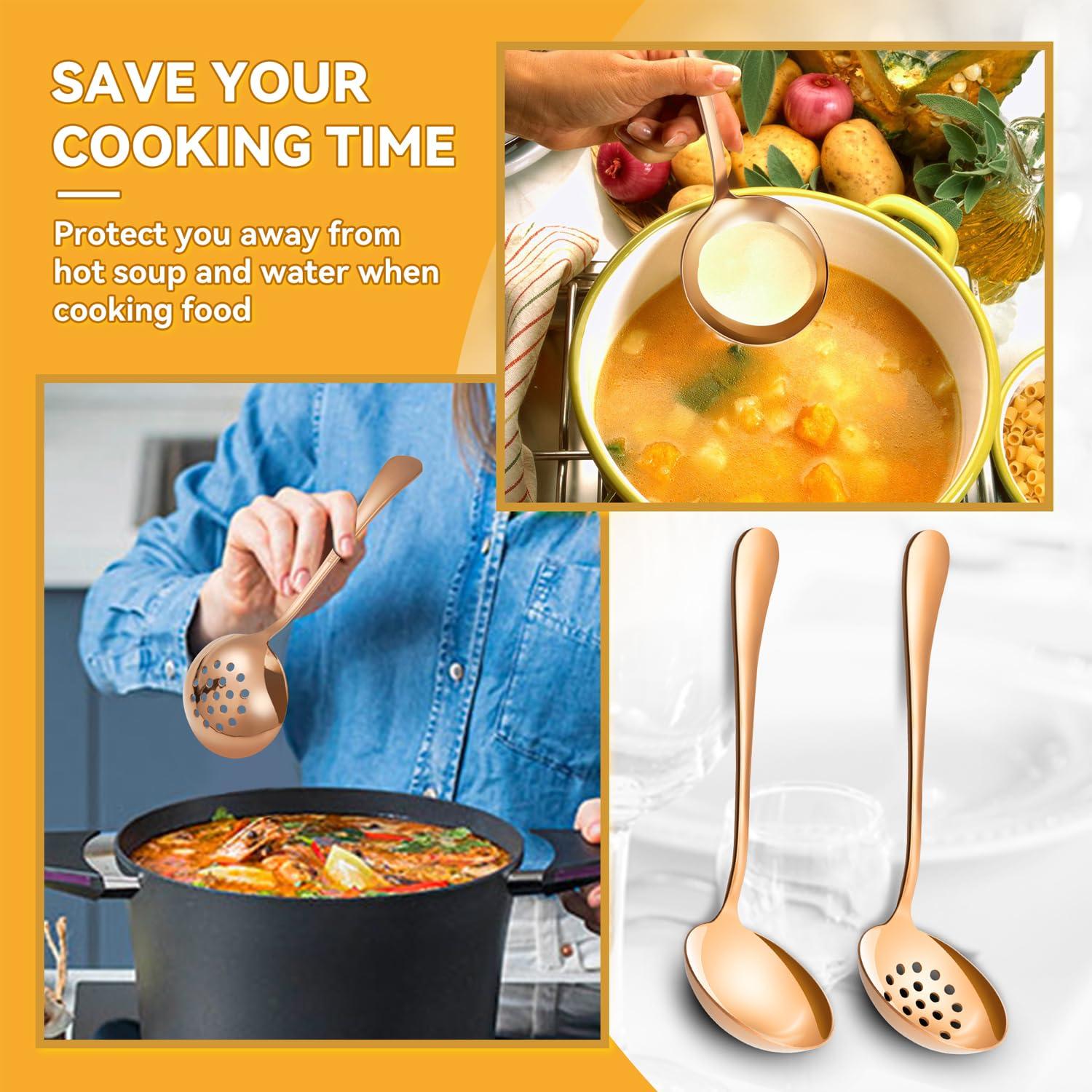 LifeMusican Rose Gold Serving Utensils Set Stainless Steel, Large Metal Serving Spoons, Slotted Spoons, Forks, Tongs, Soup and Skimmer Spoon, Cake Server serveware for Partie, Buffet, Catering, Entertaining 15pcs