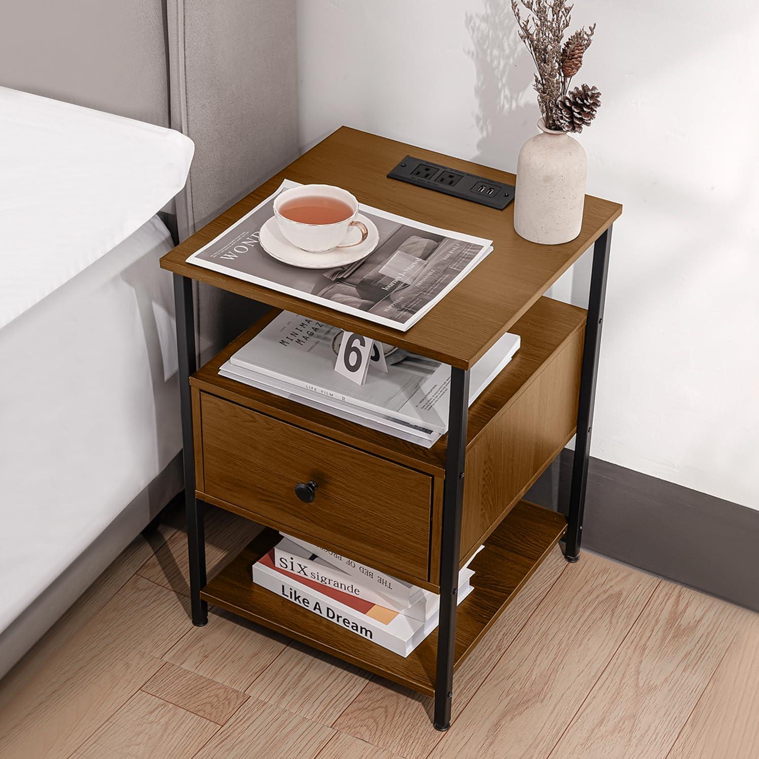 Our Modern Space Our Modern Space Wooden Nightstand with Charging Station USB Port and Single Drawer | Bedside Table End Cabinet for Living Room Bedroom Dorm - Rustic Brown