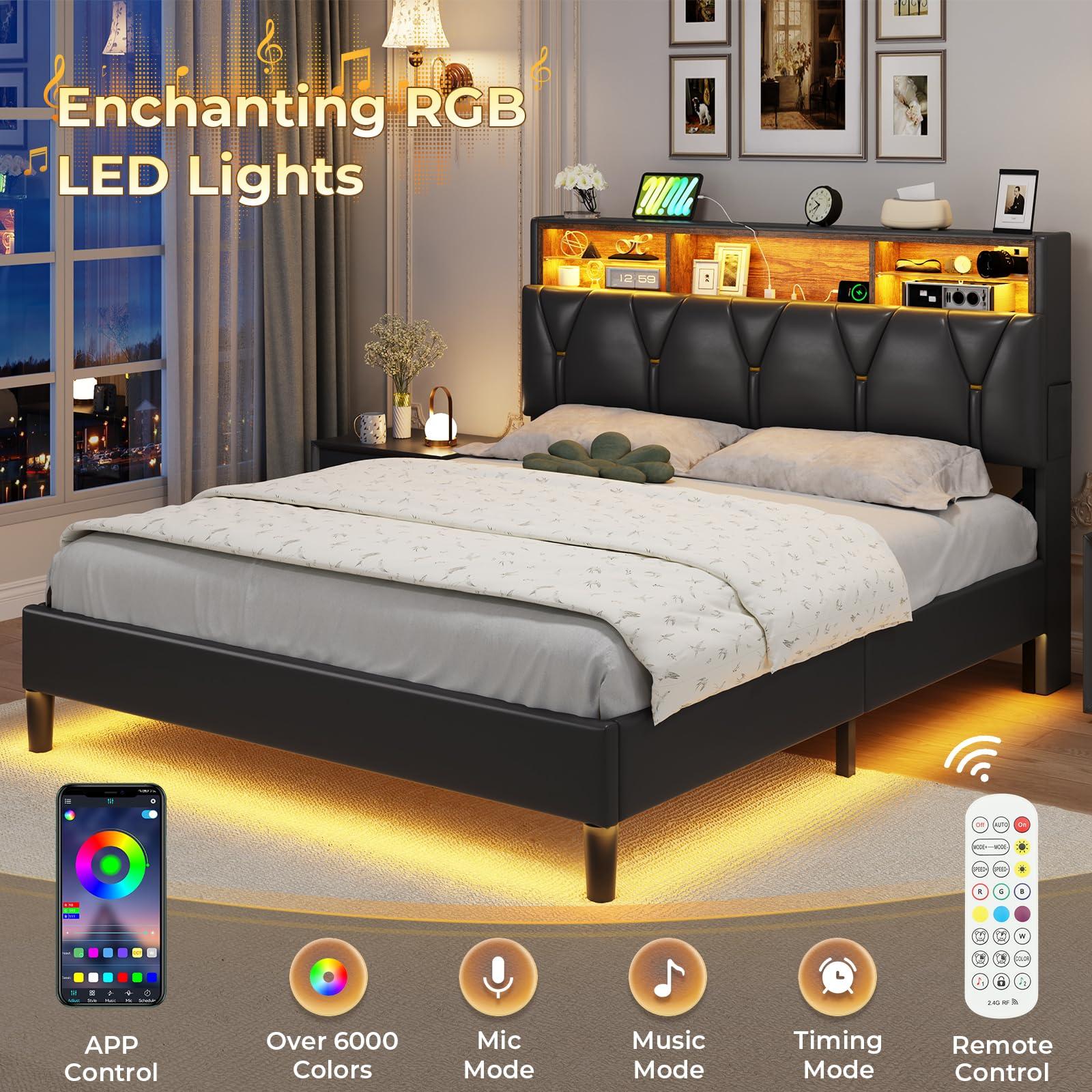 ADORNEVE ADORNEVE Full Size Bed Frame with LED Lights and Storage Headboard, LED Bed Frame with Outlets and USB Ports, Upholstered Platform Bed with Hidden Storage, Easy Assembly, PU Black