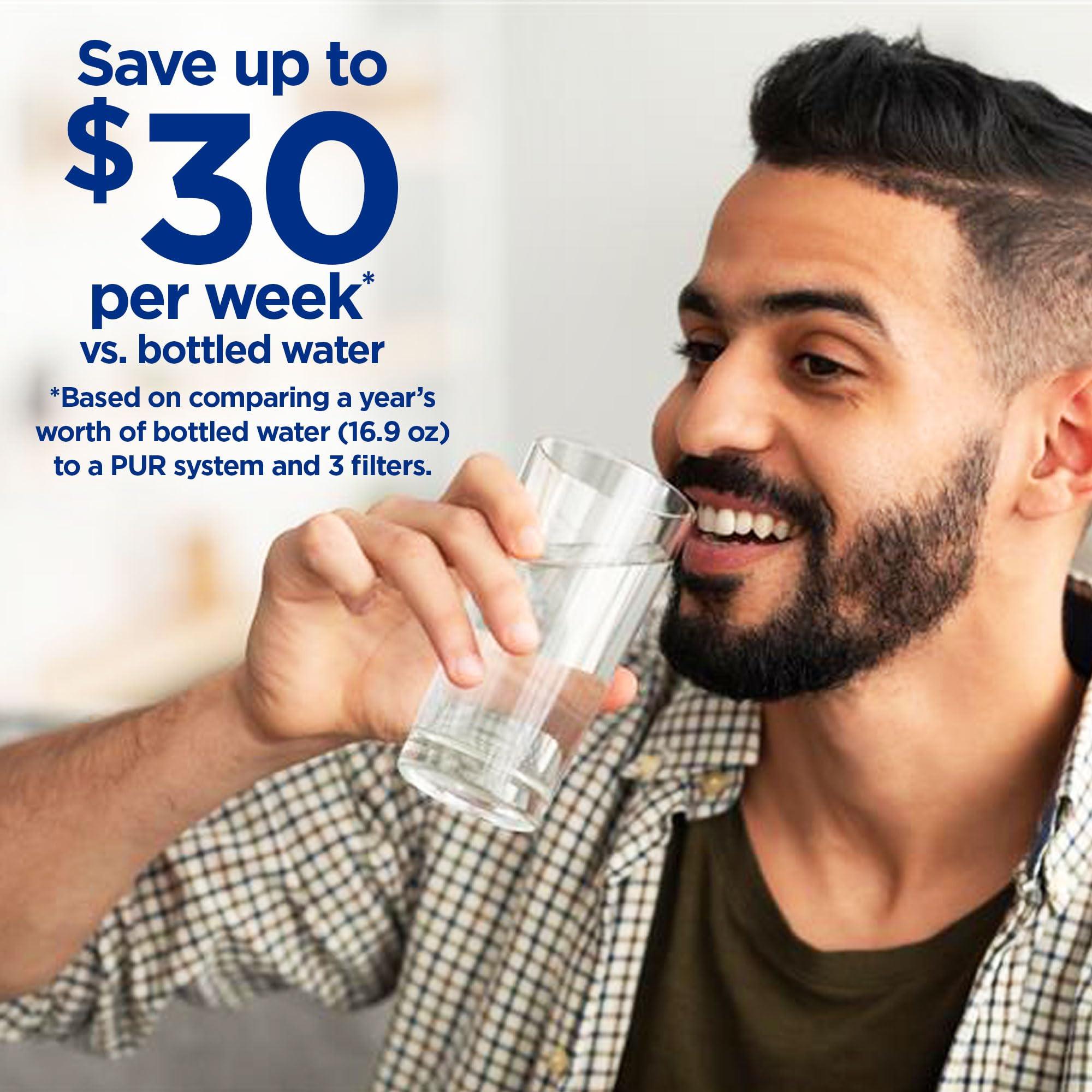 PUR PUR PLUS Vertical Faucet Mount Water Filtration System with 3-in-1 Lead Reducing Filter for Great-Tasting Filtered Tap Water, Lasts 100 Gallons, Fits Most Kitchen or Bathroom Faucets, Chrome